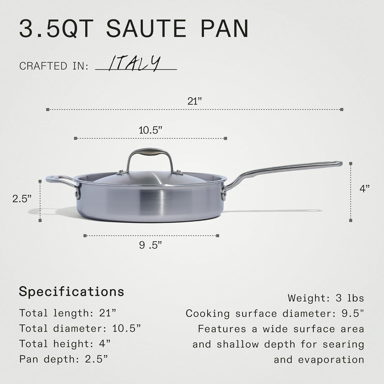image:imageMade In Cookware 35 Quart Stainless Steel Saute Pan 5 Ply Stainless Clad Professional Cookware Induction Compatible Crafted in Italy