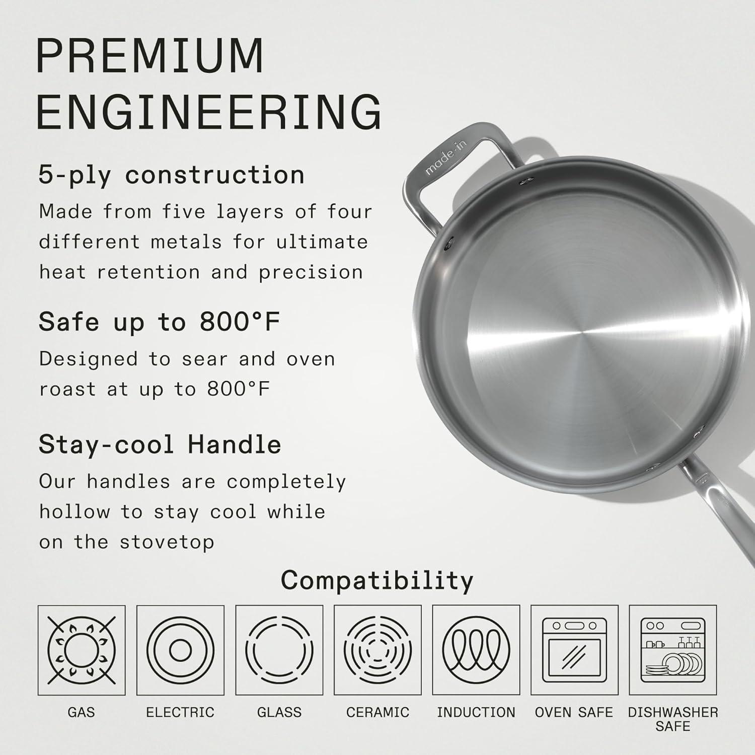 image:imageMade In Cookware 35 Quart Stainless Steel Saute Pan 5 Ply Stainless Clad Professional Cookware Induction Compatible Crafted in Italy