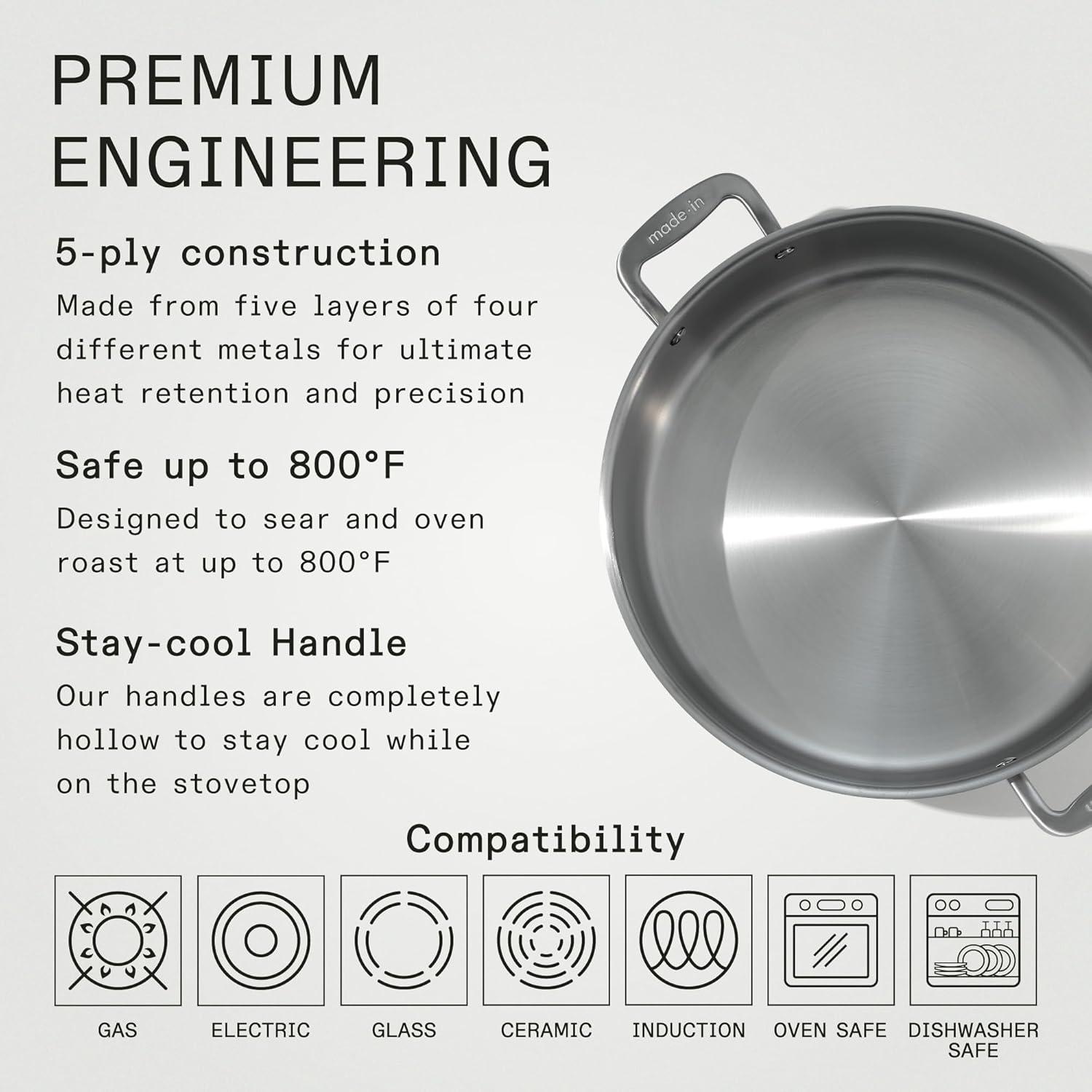 image:imageMade In Cookware 6 Quart Stainless Steel Rondeau Pot wLid 5 Ply Stainless Clad Professional Cookware Crafted in Italy Induction Compatible10 Quarts