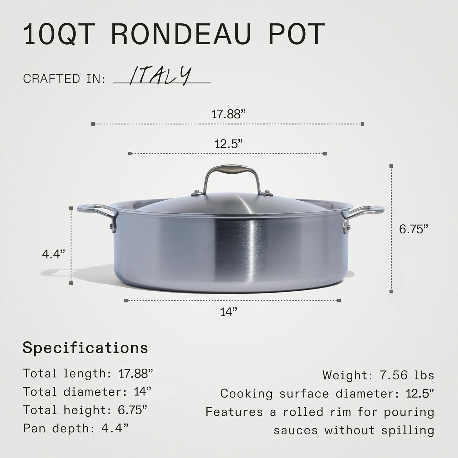 image:imageMade In Cookware 6 Quart Stainless Steel Rondeau Pot wLid 5 Ply Stainless Clad Professional Cookware Crafted in Italy Induction Compatible10 Quarts