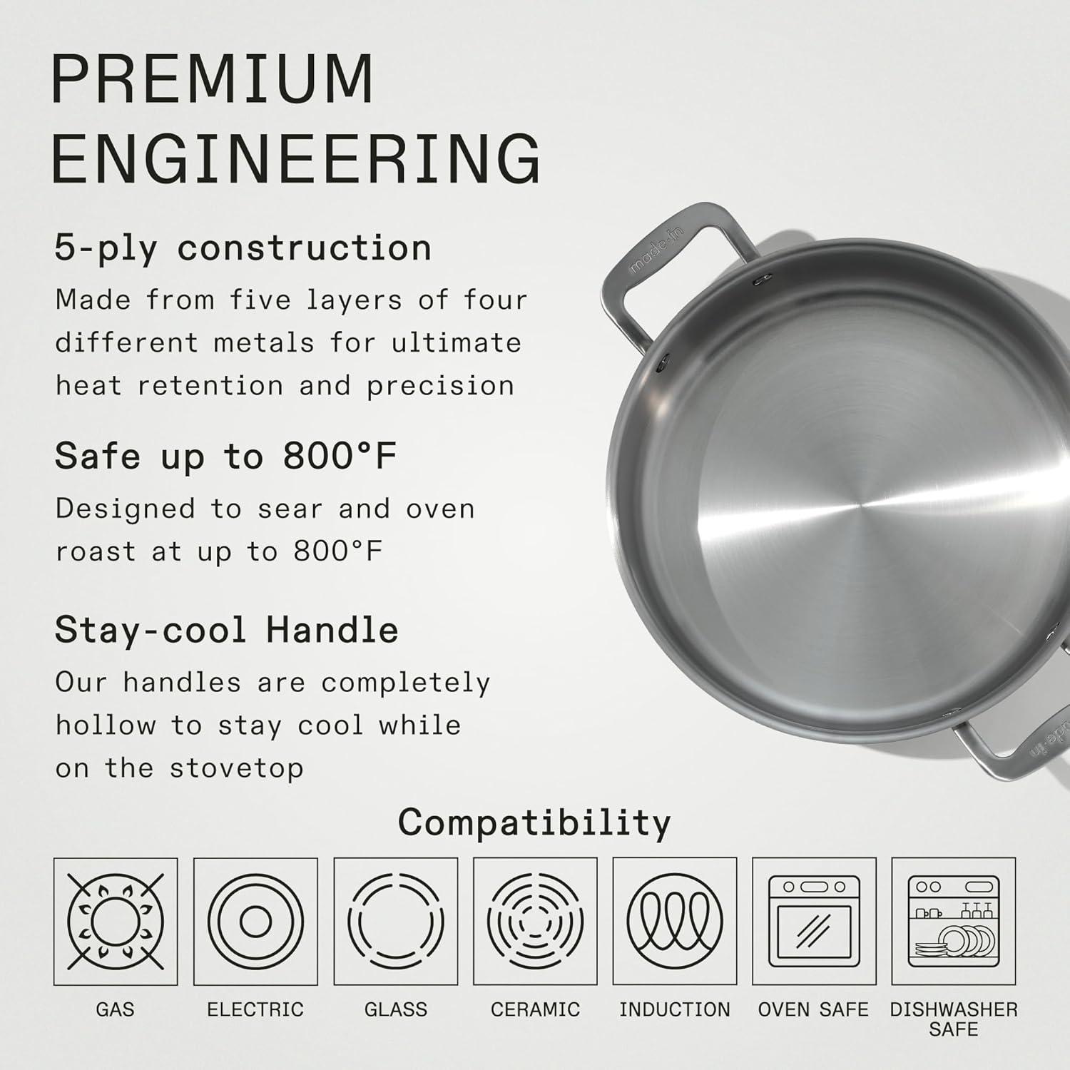 image:imageMade In Cookware 6 Quart Stainless Steel Rondeau Pot wLid 5 Ply Stainless Clad Professional Cookware Crafted in Italy Induction Compatible6 Quarts