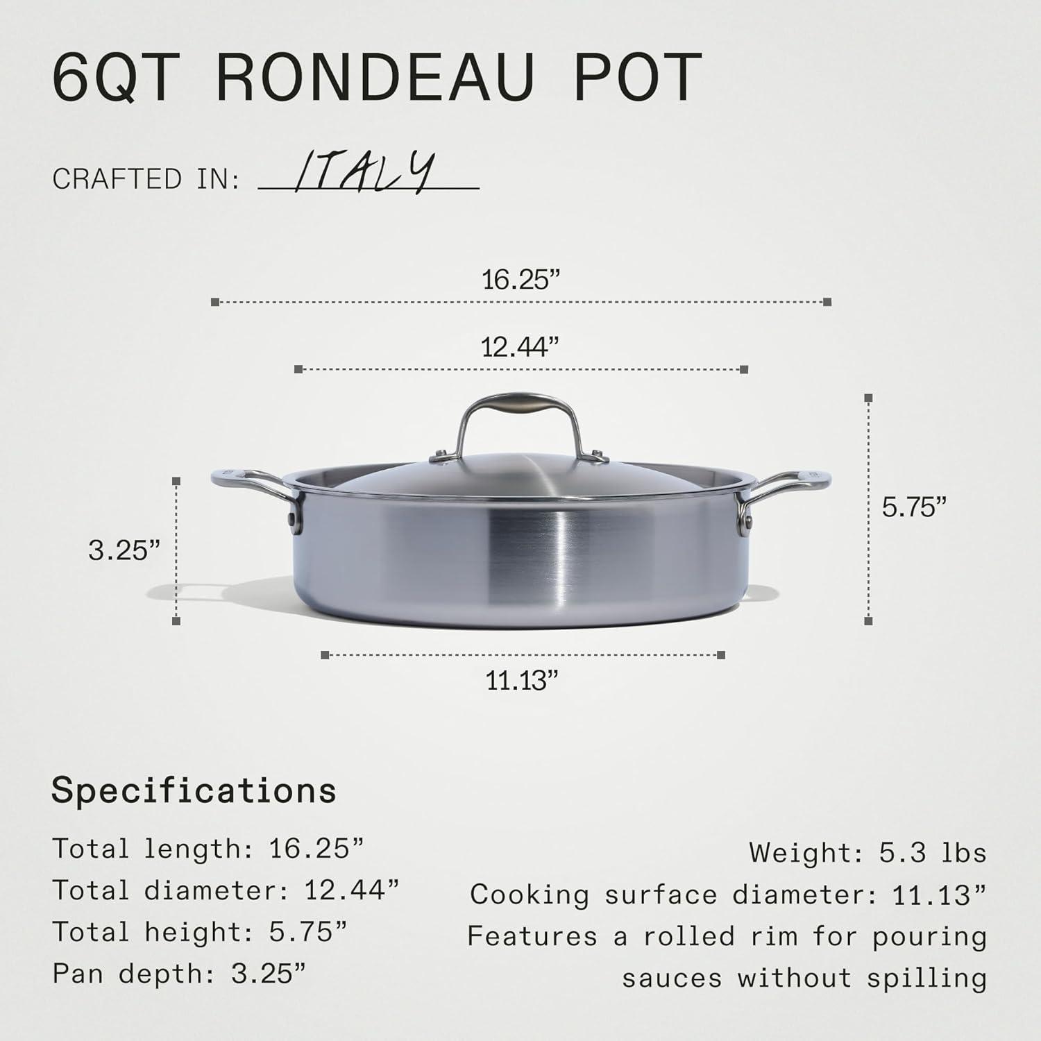 image:imageMade In Cookware 6 Quart Stainless Steel Rondeau Pot wLid 5 Ply Stainless Clad Professional Cookware Crafted in Italy Induction Compatible6 Quarts