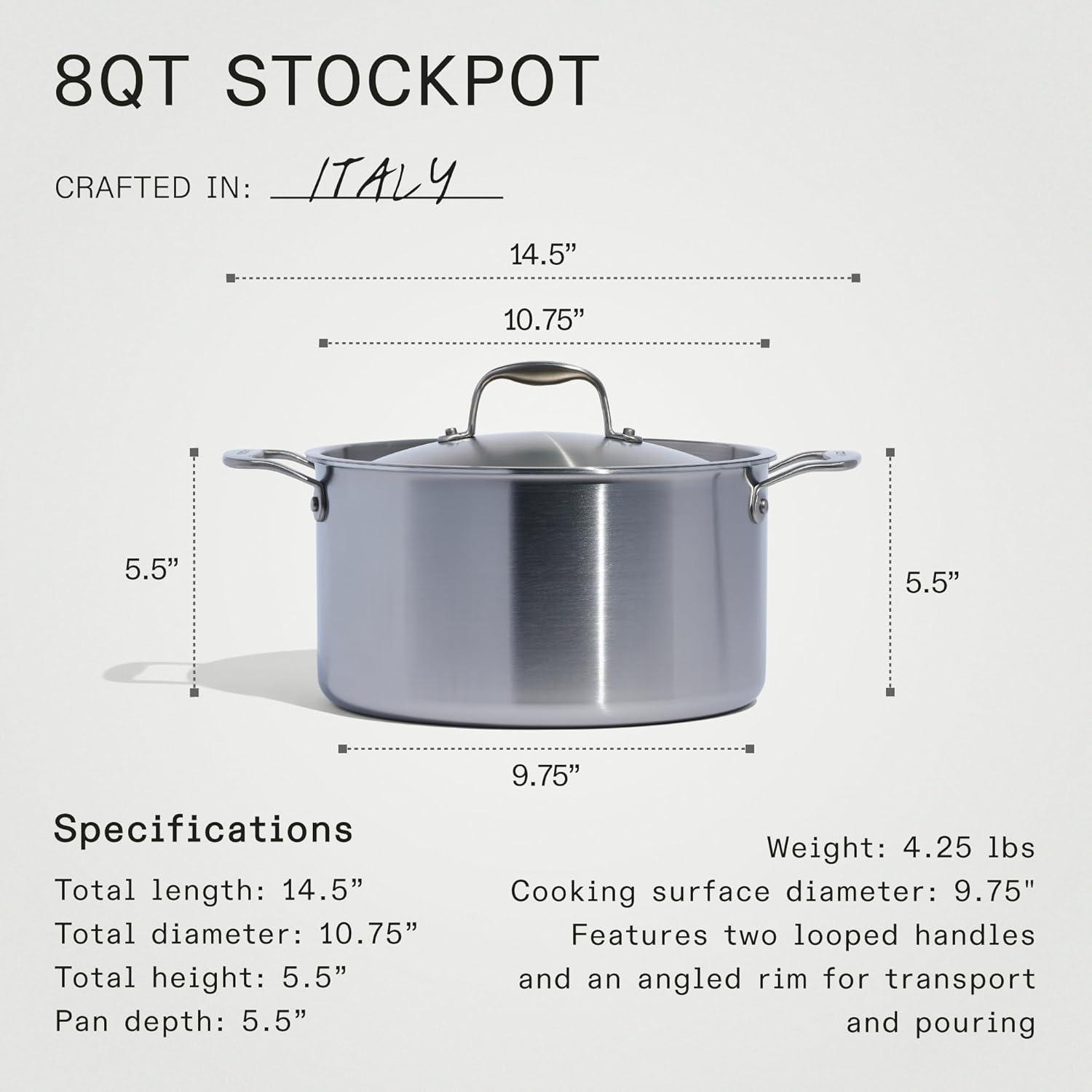 image:imageMade In Cookware 8 Quart Stainless Steel Stock Pot With Lid 5 Ply Stainless Clad Professional Cookware Crafted in Italy Induction Compatible8 Quart Stock Pot with Lid