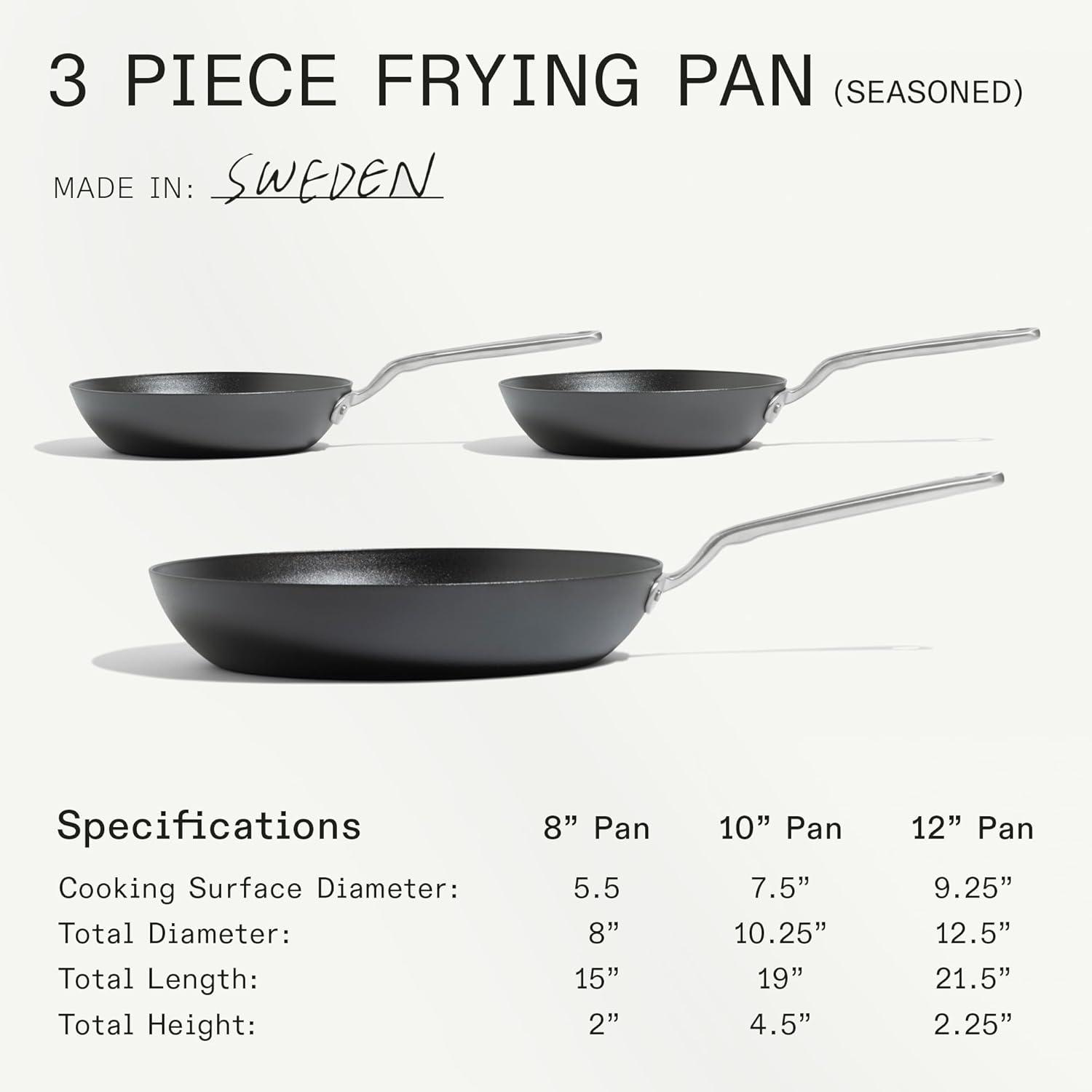 image:imageMade In Cookware 3 Piece Includes 81012 Seasoned Blue Carbon Steel Frying Pan Like Cast Iron but Better Professional Cookware Crafted in Sweden Induction Compatible3 Piece Set Seasoned Carbon Steel Pan