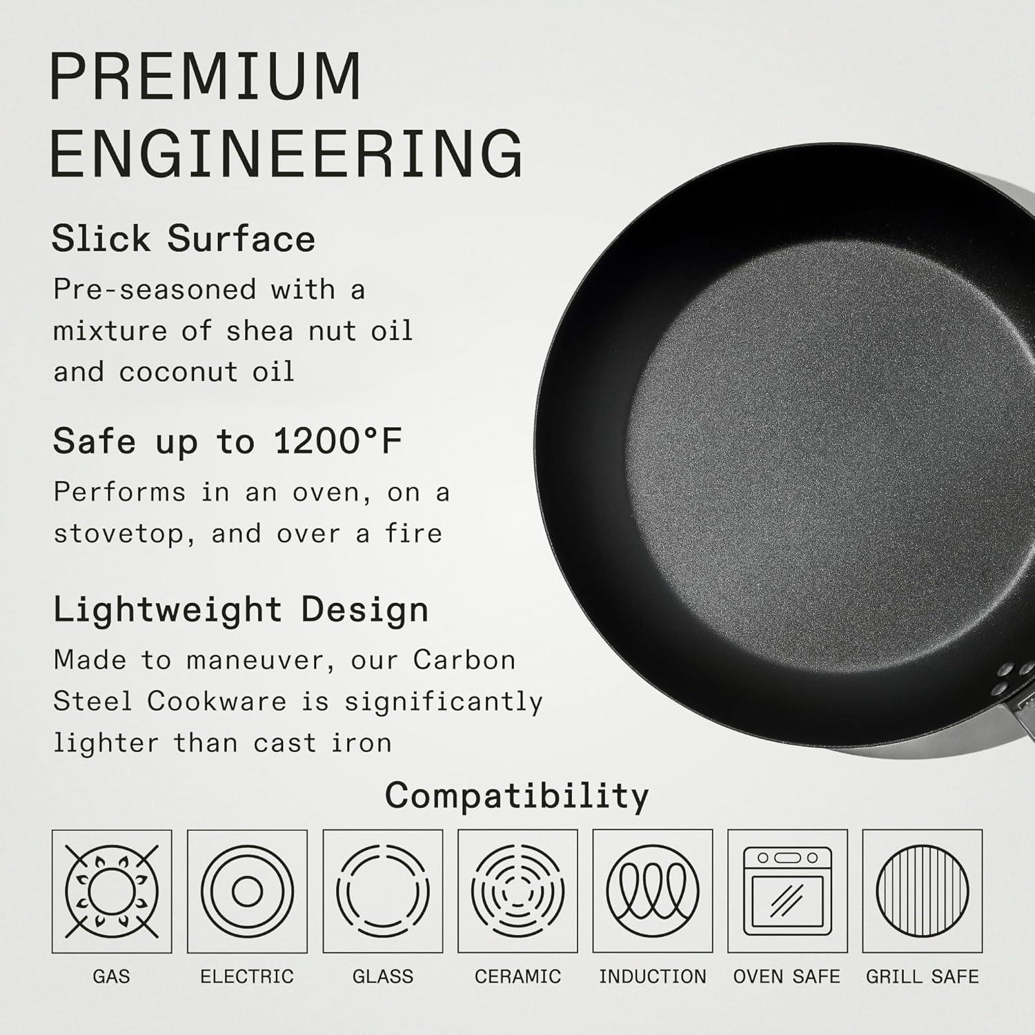 image:imageMade In Cookware 3 Piece Includes 81012 Seasoned Blue Carbon Steel Frying Pan Like Cast Iron but Better Professional Cookware Crafted in Sweden Induction Compatible12 Seasoned Carbon Steel Pan