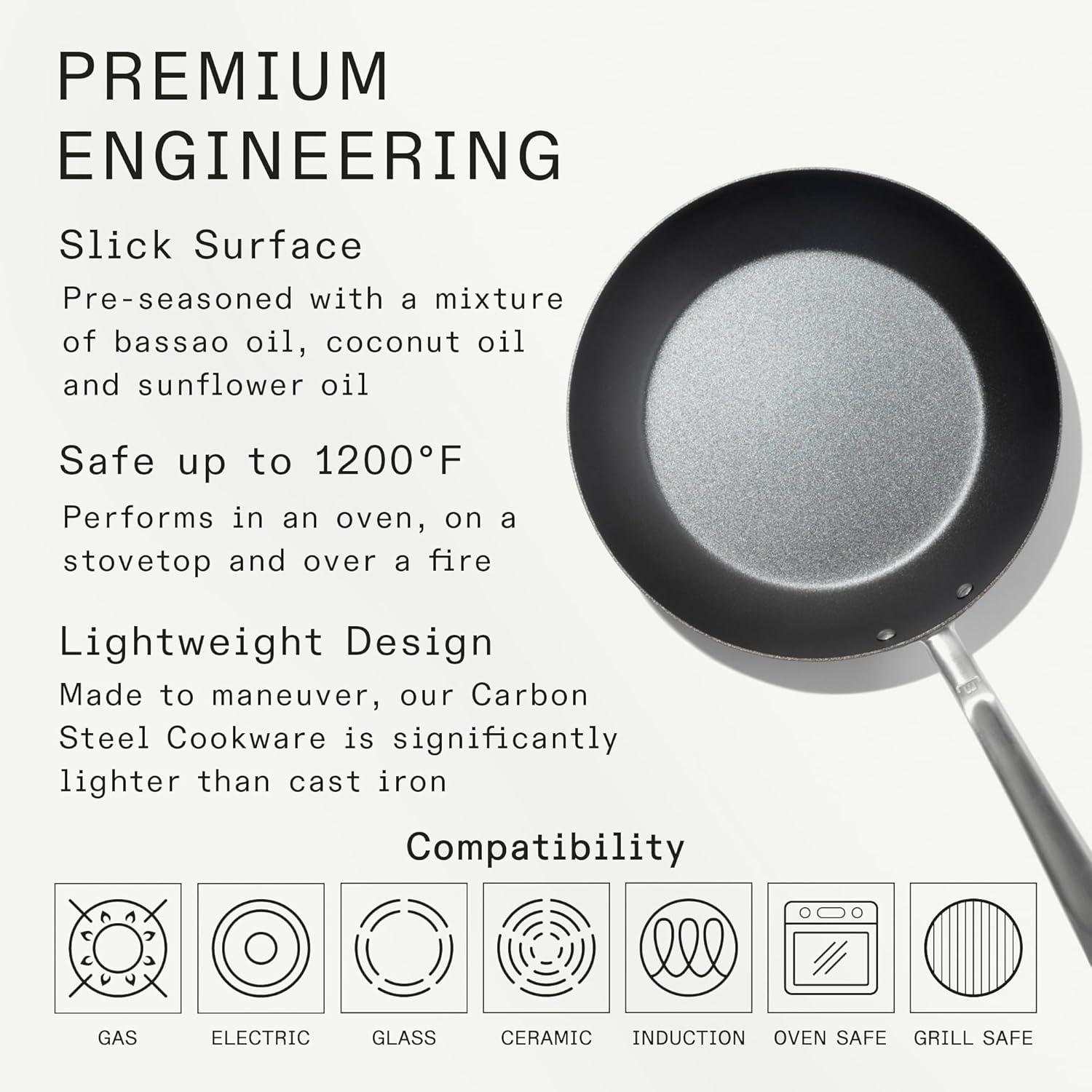 image:imageMade In Cookware 3 Piece Includes 81012 Seasoned Blue Carbon Steel Frying Pan Like Cast Iron but Better Professional Cookware Crafted in Sweden Induction Compatible10 Seasoned Carbon Steel Pan