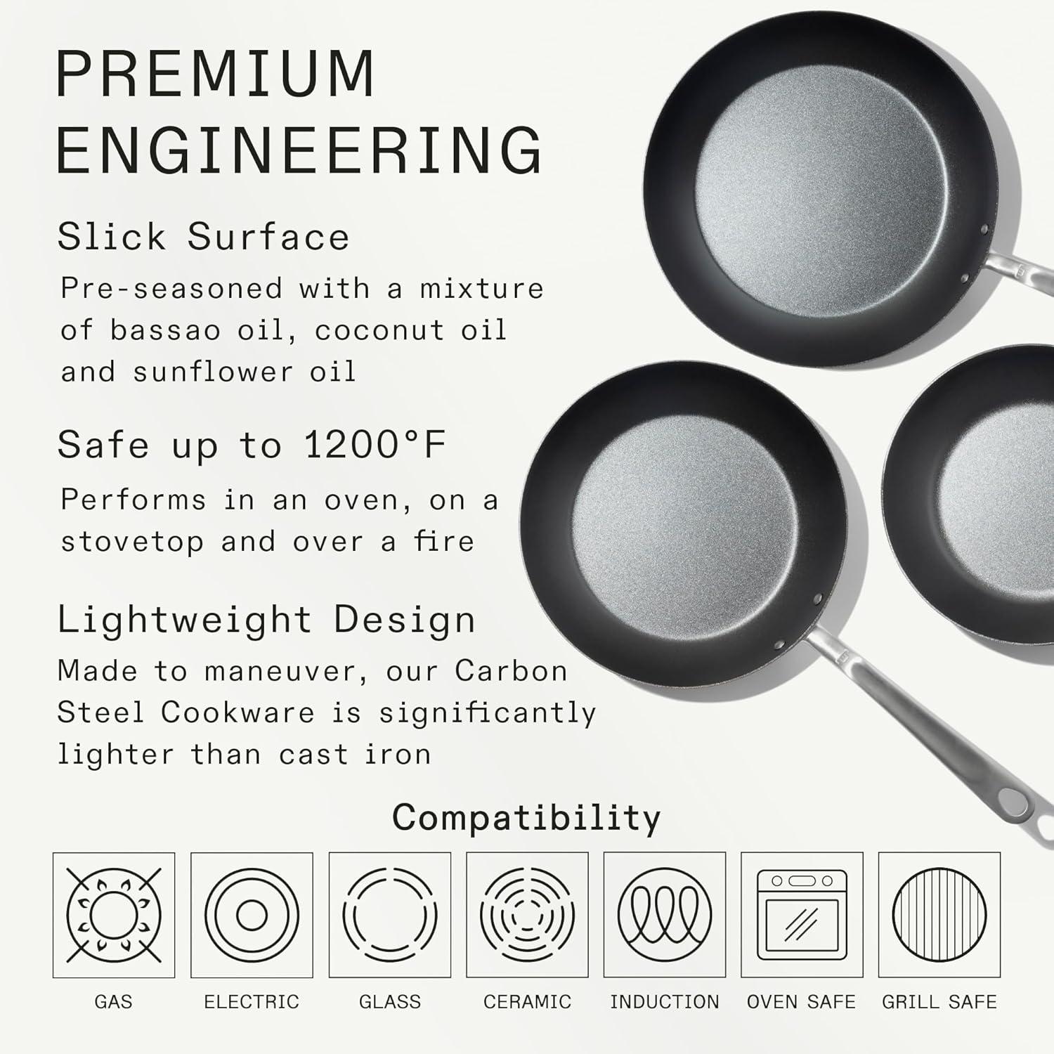 image:imageMade In Cookware 3 Piece Includes 81012 Seasoned Blue Carbon Steel Frying Pan Like Cast Iron but Better Professional Cookware Crafted in Sweden Induction Compatible3 Piece Set Seasoned Carbon Steel Pan