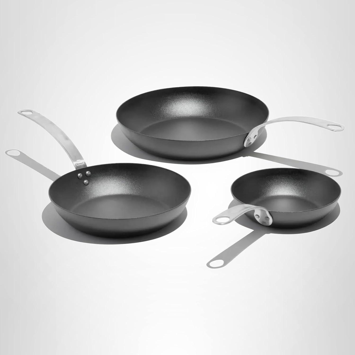 image:imageMade In Cookware 3 Piece Includes 81012 Seasoned Blue Carbon Steel Frying Pan Like Cast Iron but Better Professional Cookware Crafted in Sweden Induction Compatible3 Piece Set Seasoned Carbon Steel Pan
