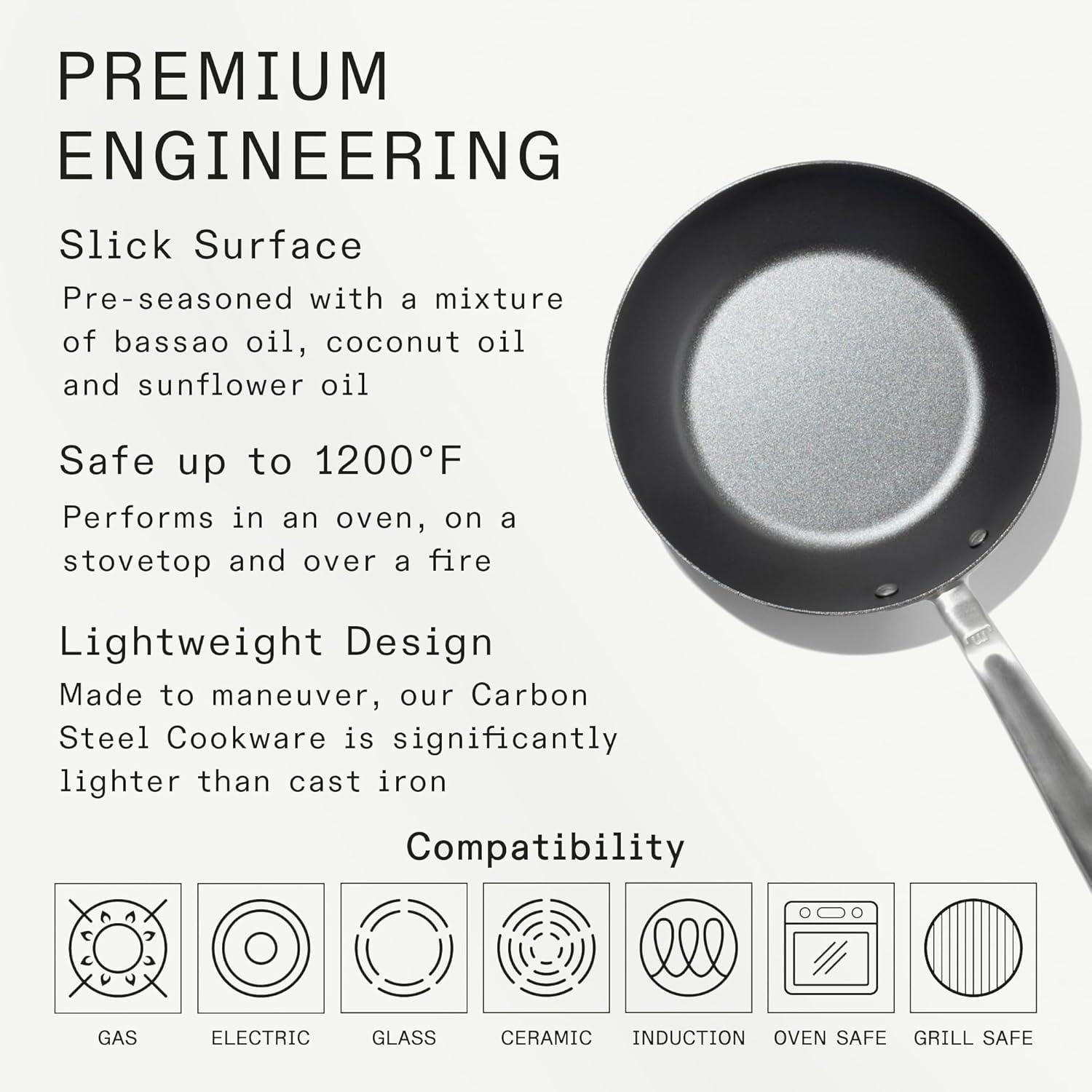 image:imageMade In Cookware 3 Piece Includes 81012 Seasoned Blue Carbon Steel Frying Pan Like Cast Iron but Better Professional Cookware Crafted in Sweden Induction Compatible8 Seasoned Carbon Steel Pan