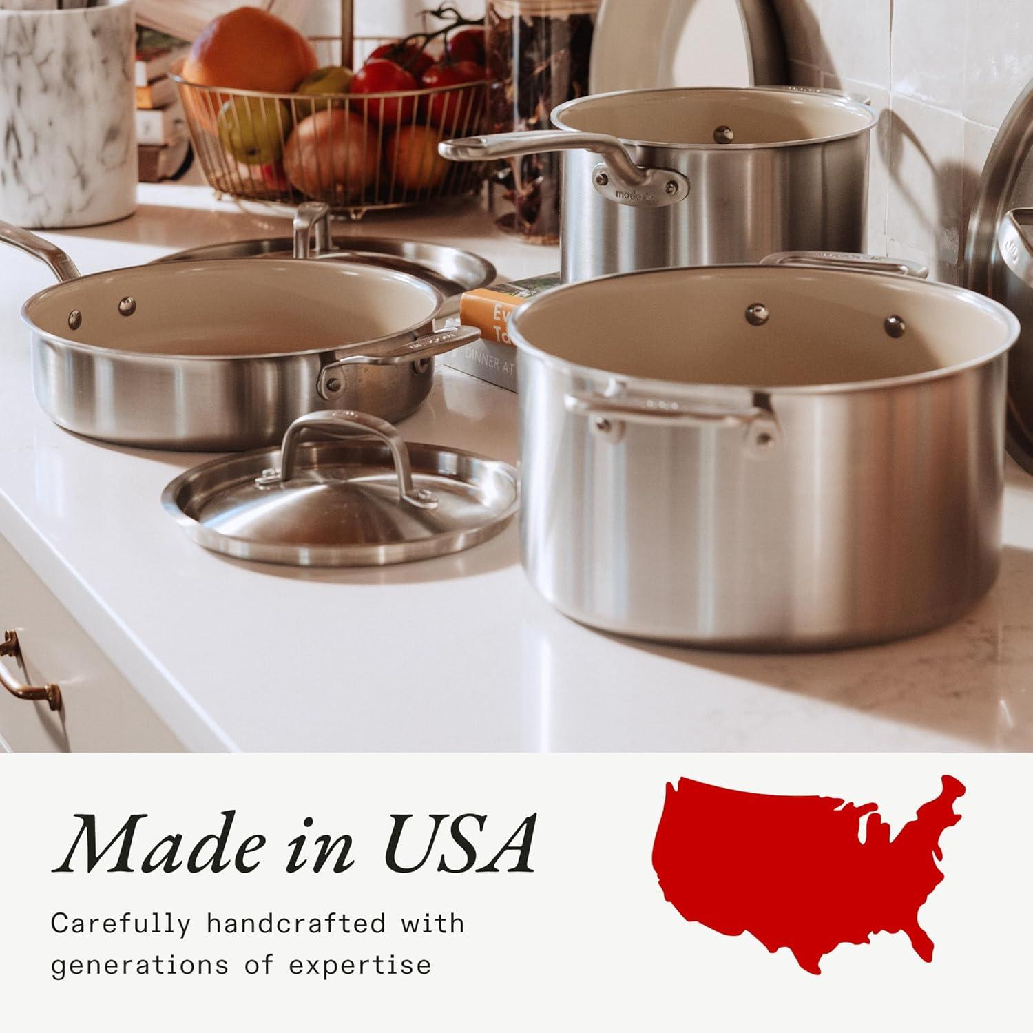 image:imageMade In Cookware 3 QT Ceramic Non Stick Saucier with Lid 5Ply Stainless Clad with StayCool Handle Professional Cookware Crafted in Italy Induction Compatible