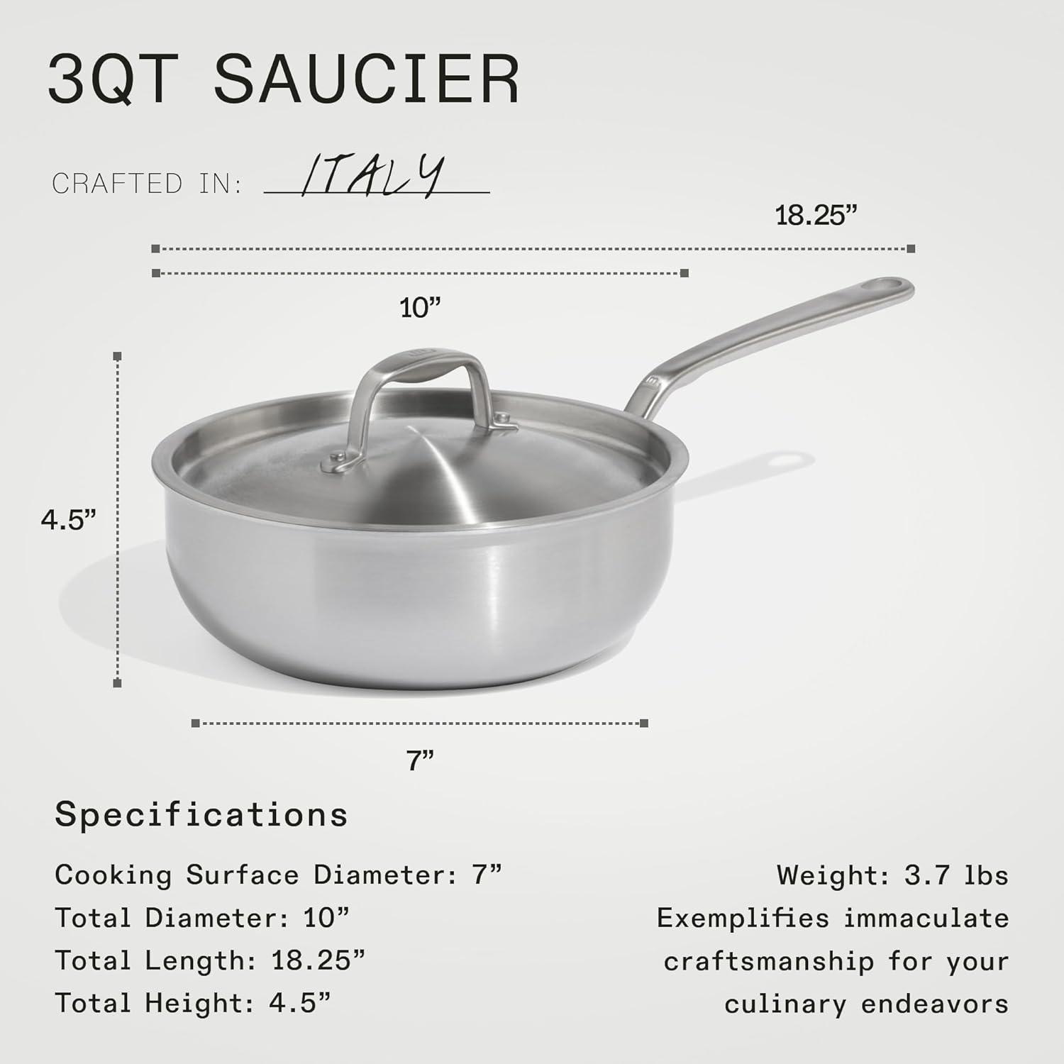 image:imageMade In Cookware 3 QT Ceramic Non Stick Saucier with Lid 5Ply Stainless Clad with StayCool Handle Professional Cookware Crafted in Italy Induction Compatible