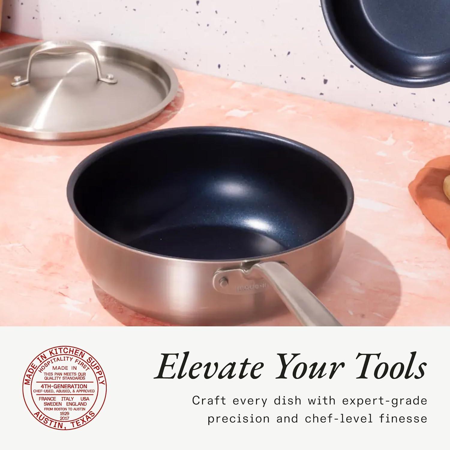 image:imageMade In Cookware 3 QT ProCoat Non Stick Saucier with Lid 5 Ply Stainless Clad Professional Cookware Crafted in Italy Induction Compatible Graphite
