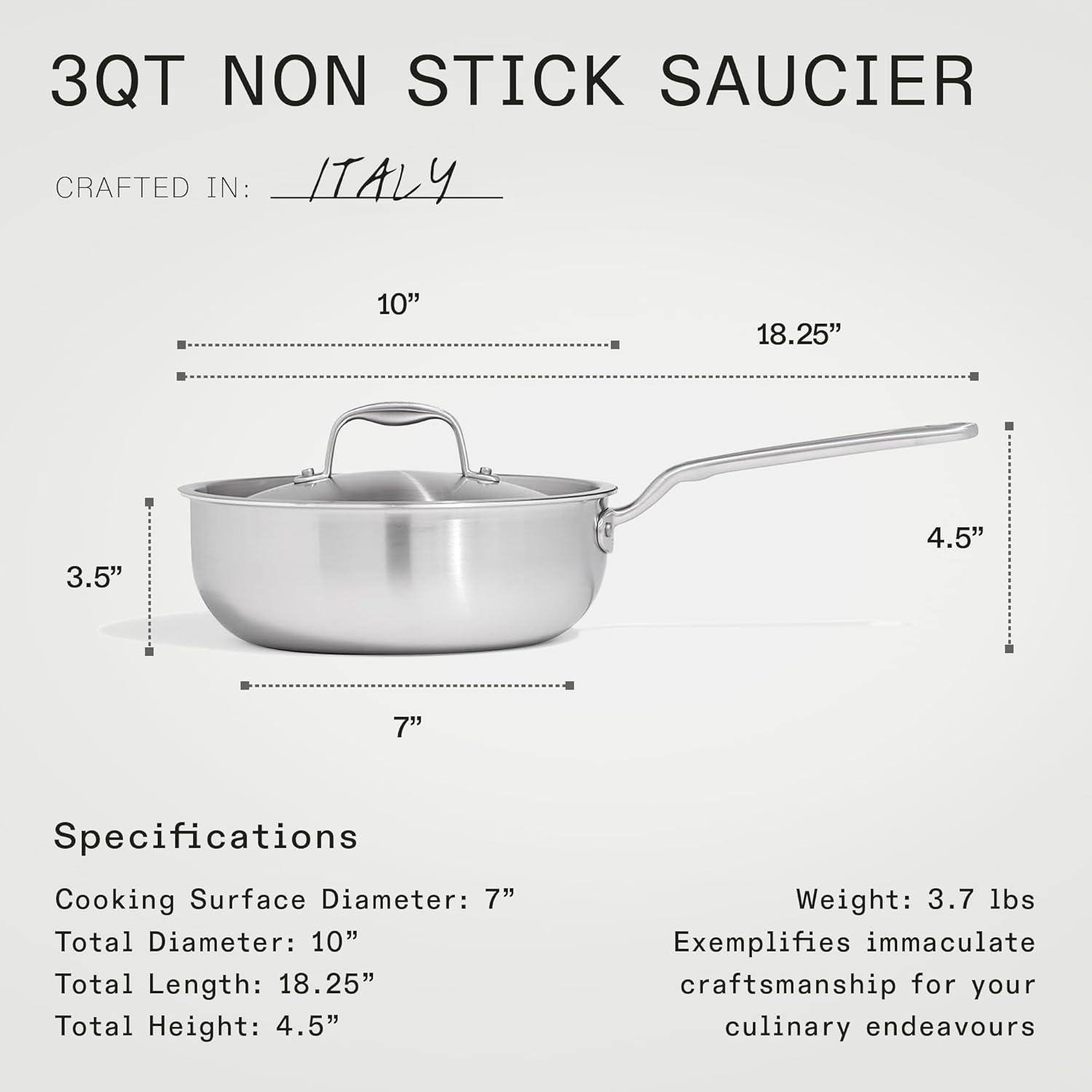 image:imageMade In Cookware 3 QT ProCoat Non Stick Saucier with Lid 5 Ply Stainless Clad Professional Cookware Crafted in Italy Induction Compatible Graphite