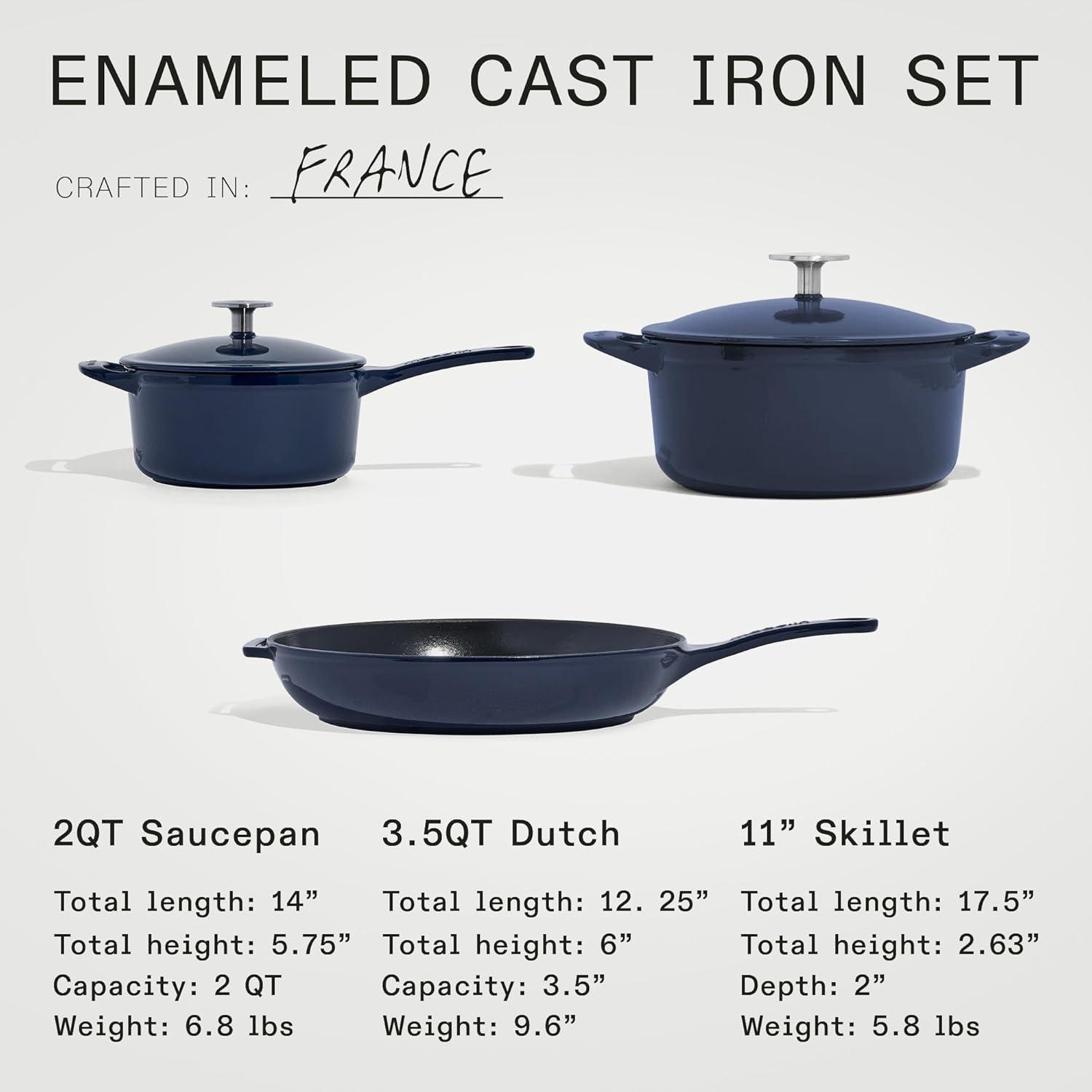 image:imageMade In Cookware 5 Pc Enameled Cast Iron Set Blue Includes Dutch Oven wLid Skillet and Saucepan wLid Exceptional Heat Retention and Durability Professional Cookware Crafted In FranceBlue