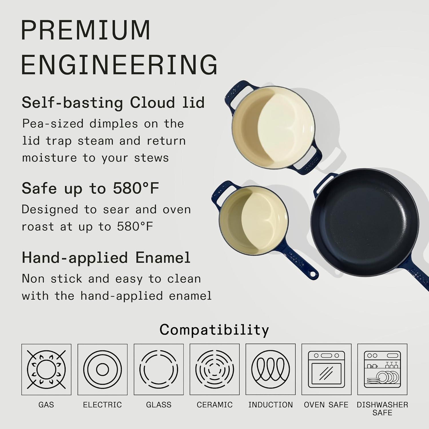 image:imageMade In Cookware 5 Pc Enameled Cast Iron Set Blue Includes Dutch Oven wLid Skillet and Saucepan wLid Exceptional Heat Retention and Durability Professional Cookware Crafted In FranceBlue