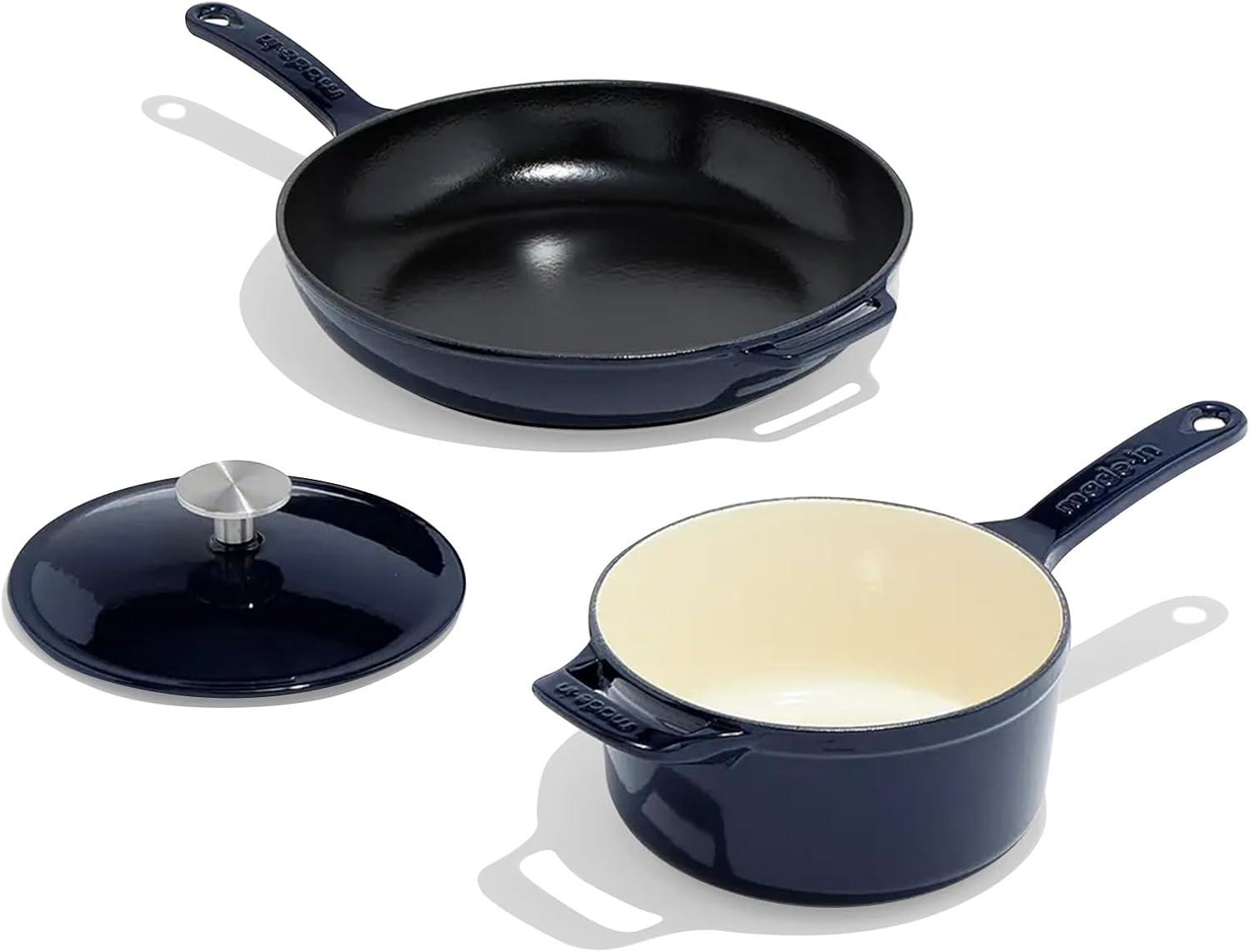 image:imageMade In Cookware 5 Pc Enameled Cast Iron Set Blue Includes Dutch Oven wLid Skillet and Saucepan wLid Exceptional Heat Retention and Durability Professional Cookware Crafted In FranceBlue