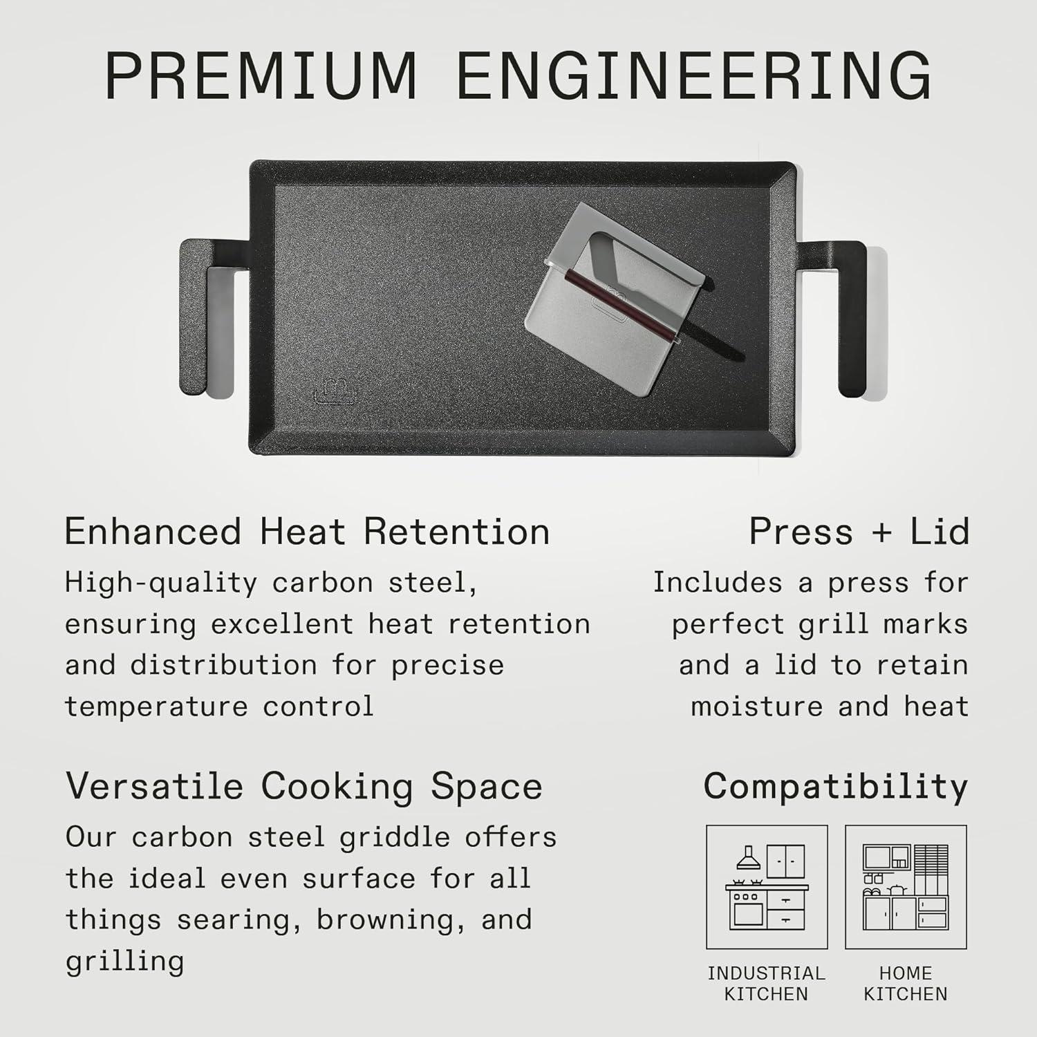 image:imageMade In Cookware Carbon Steel Griddle and Grill Press Set with Half Lid Like Cast Iron but Better Professional Cookware Crafted in Sweden Induction CompatibleGriddle Grill Press w Half Lid
