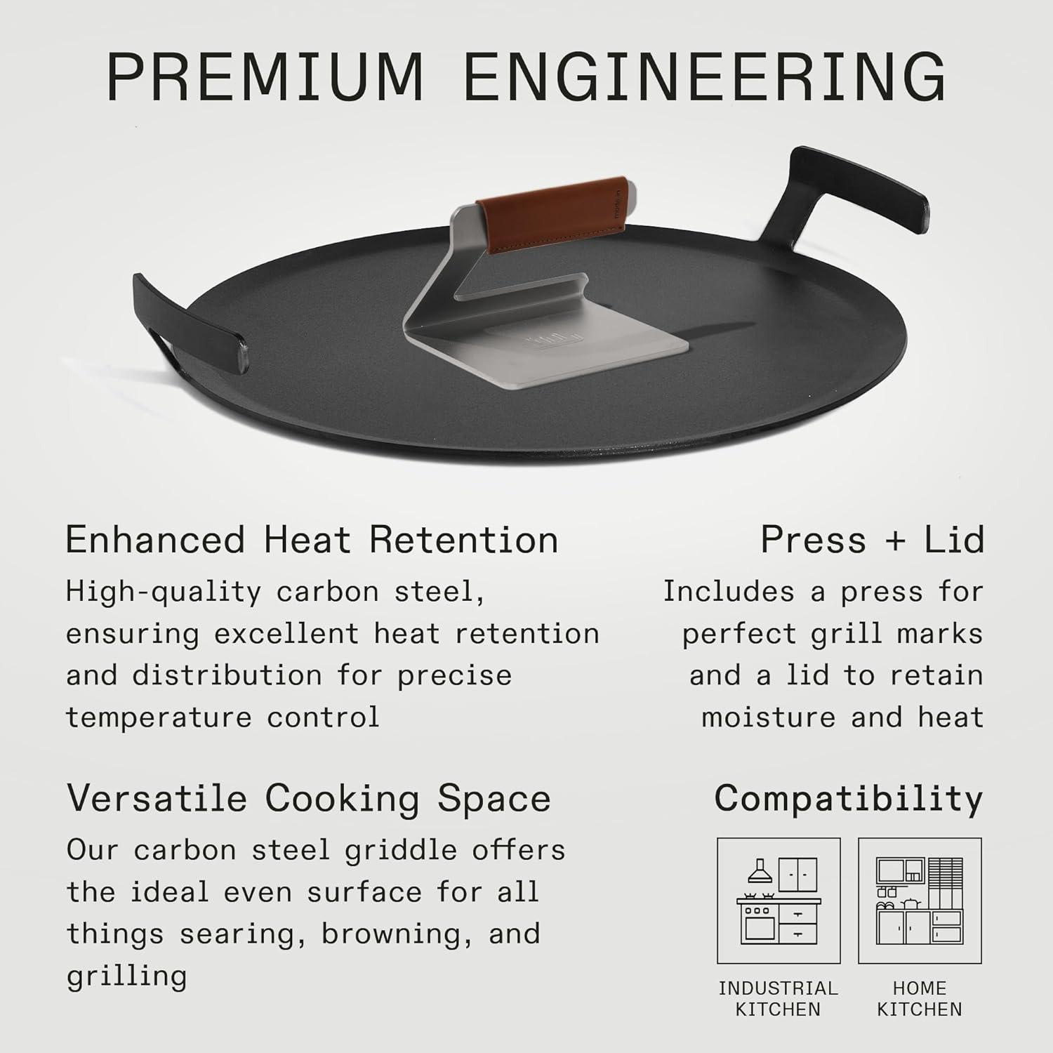 image:imageMade In Cookware Seasoned 17 Round Carbon Steel Griddle Grill Press Like Cast Iron but Better Professional Cookware Crafted in Sweden Induction Compatible