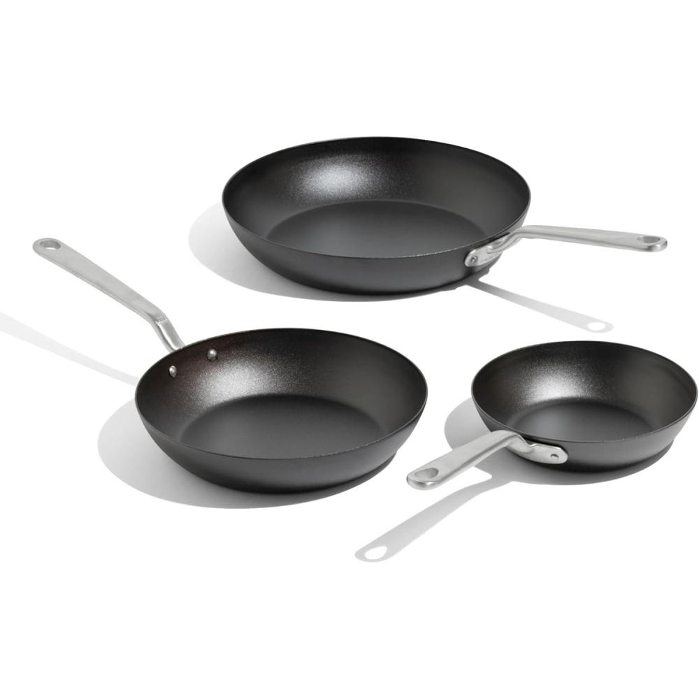 image:imageMade In Cookware 3 Piece Includes 81012 Seasoned Blue Carbon Steel Frying Pan Like Cast Iron but Better Professional Cookware Crafted in Sweden Induction Compatible3 Piece Set Seasoned Carbon Steel Pan