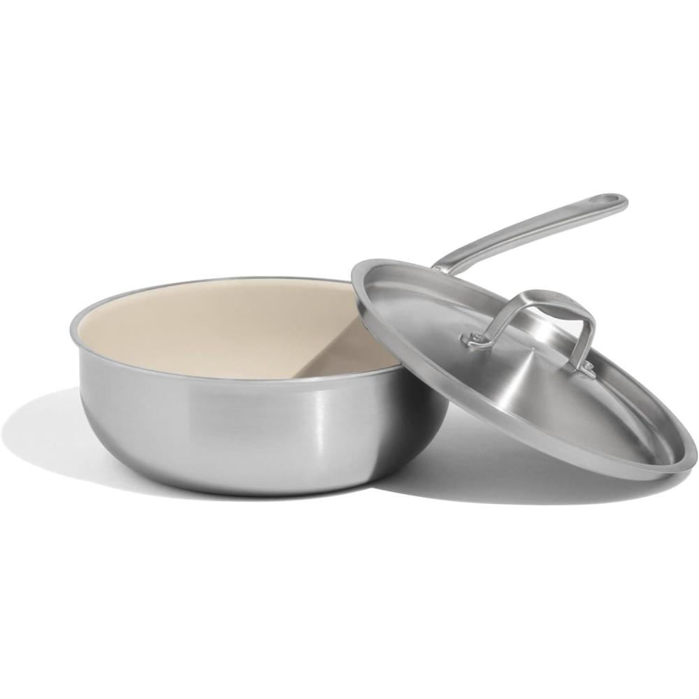 image:imageMade In Cookware  3 QT Ceramic Non Stick Saucier with Lid  5Ply Stainless Clad with StayCool Handle  Professional Cookware  Crafted in Italy  Induction Compatible