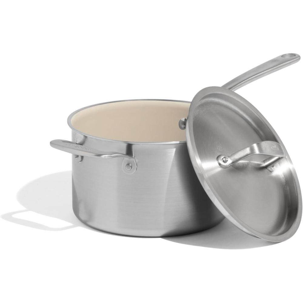 image:imageMade In Cookware  4 QT Ceramic Non Stick Saucepan with Lid  5Ply Stainless Clad with StayCool Handle  Professional Cookware  Crafted in Italy  Induction Compatible