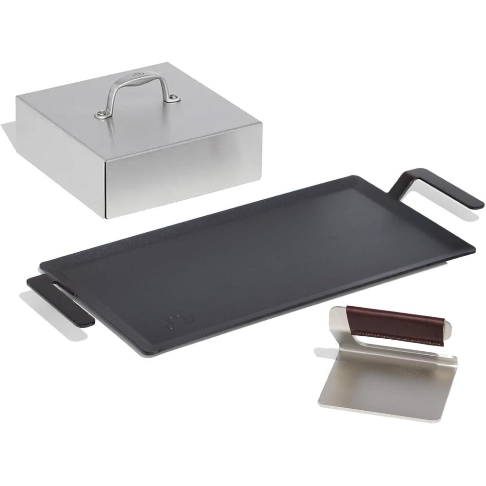 image:imageMade In Cookware Carbon Steel Griddle and Grill Press Set with Half Lid Like Cast Iron but Better Professional Cookware Crafted in Sweden Induction CompatibleGriddle Grill Press w Half Lid