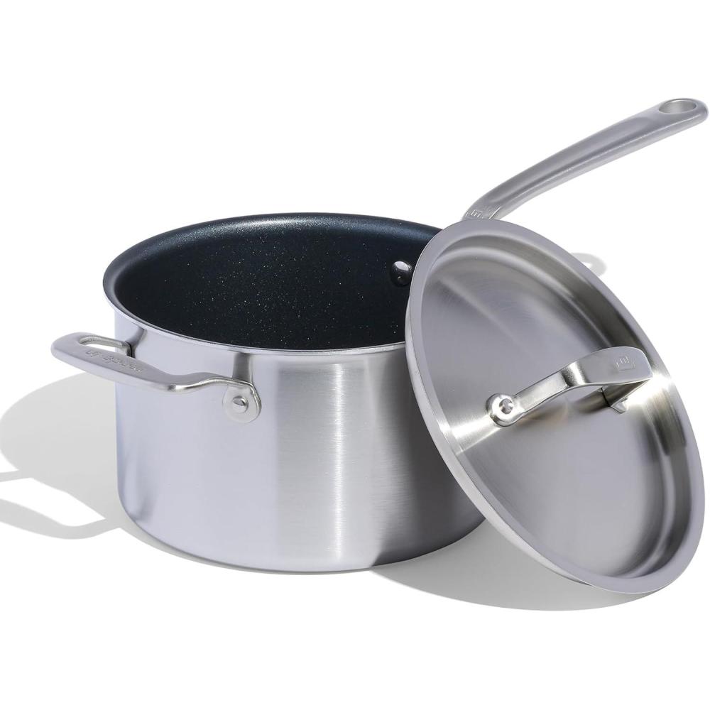 image:imageMade In Cookware ProCoat 4 Quart Non Stick Sauce Pan With Lid Graphite 5 Ply Stainless Clad Nonstick Saucepan Professional Cookware Crafted in Italy Induction Compatible
