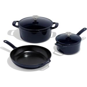Made In Cookware – 5 Pc Enameled Cast Iron Set – Blue – Includes Dutch Oven w/Lid, Skillet and Saucepan w/Lid – Exceptional Heat Retention and Durability – Professional Cookware – Crafted In France(Blue)