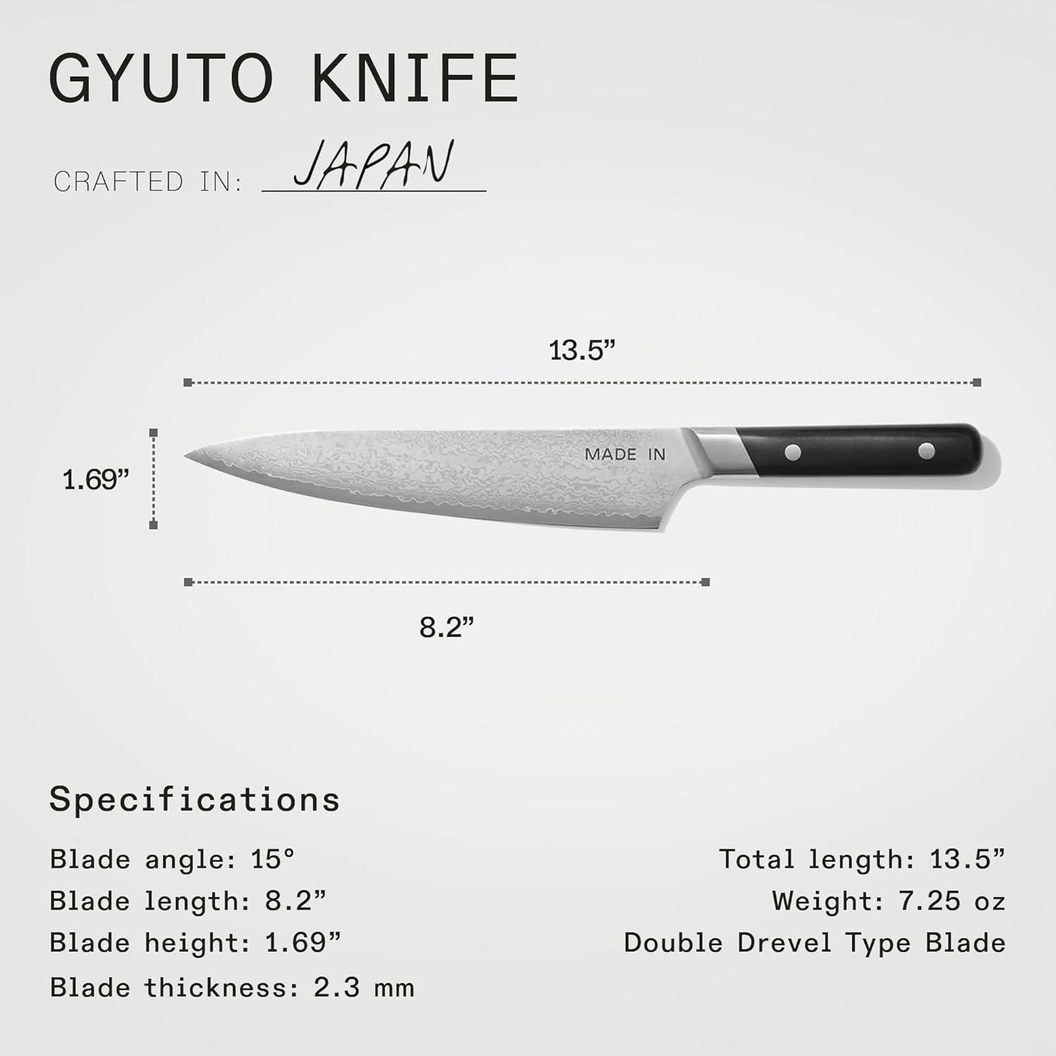 image:imageMade In Cookware 3piece Japanese Damascus Steel Knife Set Includes Gyuto Nakiri and Santoku 66 Layers of Damascus Steel with a VG10 Core Crafted in Japan Full Tang With Black POM Handle