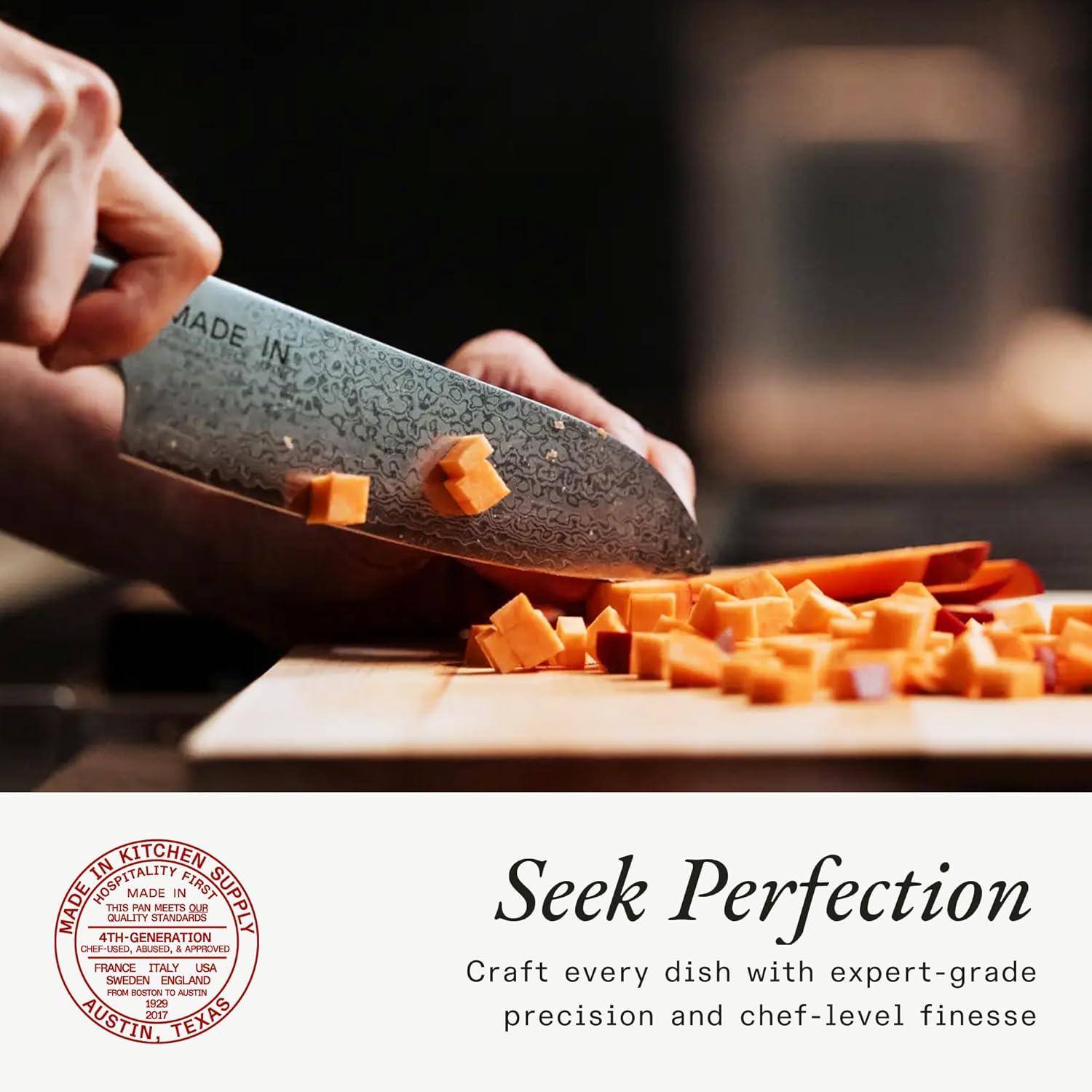 image:imageMade In Cookware 3piece Japanese Damascus Steel Knife Set Includes Gyuto Nakiri and Santoku 66 Layers of Damascus Steel with a VG10 Core Crafted in Japan Full Tang With Black POM Handle