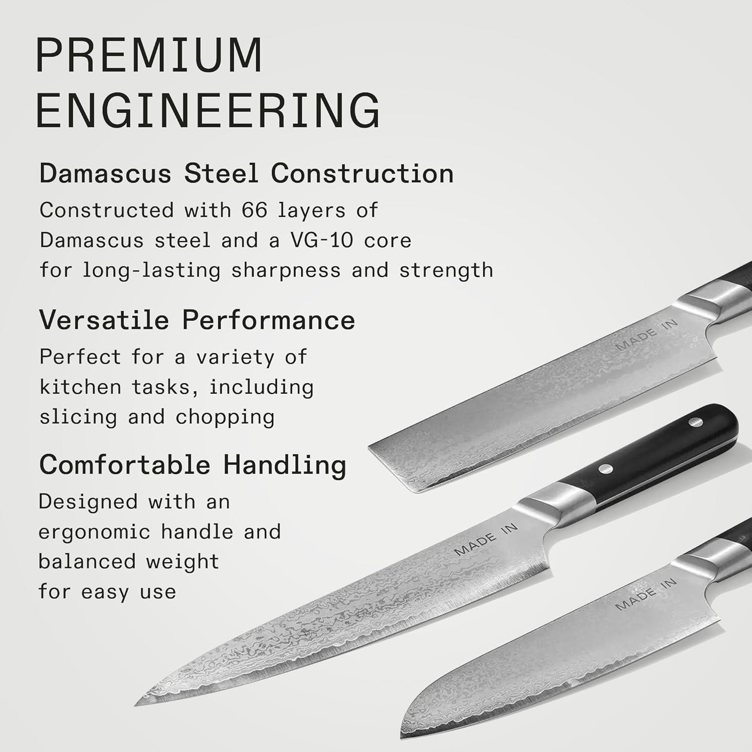 image:imageMade In Cookware 3piece Japanese Damascus Steel Knife Set Includes Gyuto Nakiri and Santoku 66 Layers of Damascus Steel with a VG10 Core Crafted in Japan Full Tang With Black POM Handle