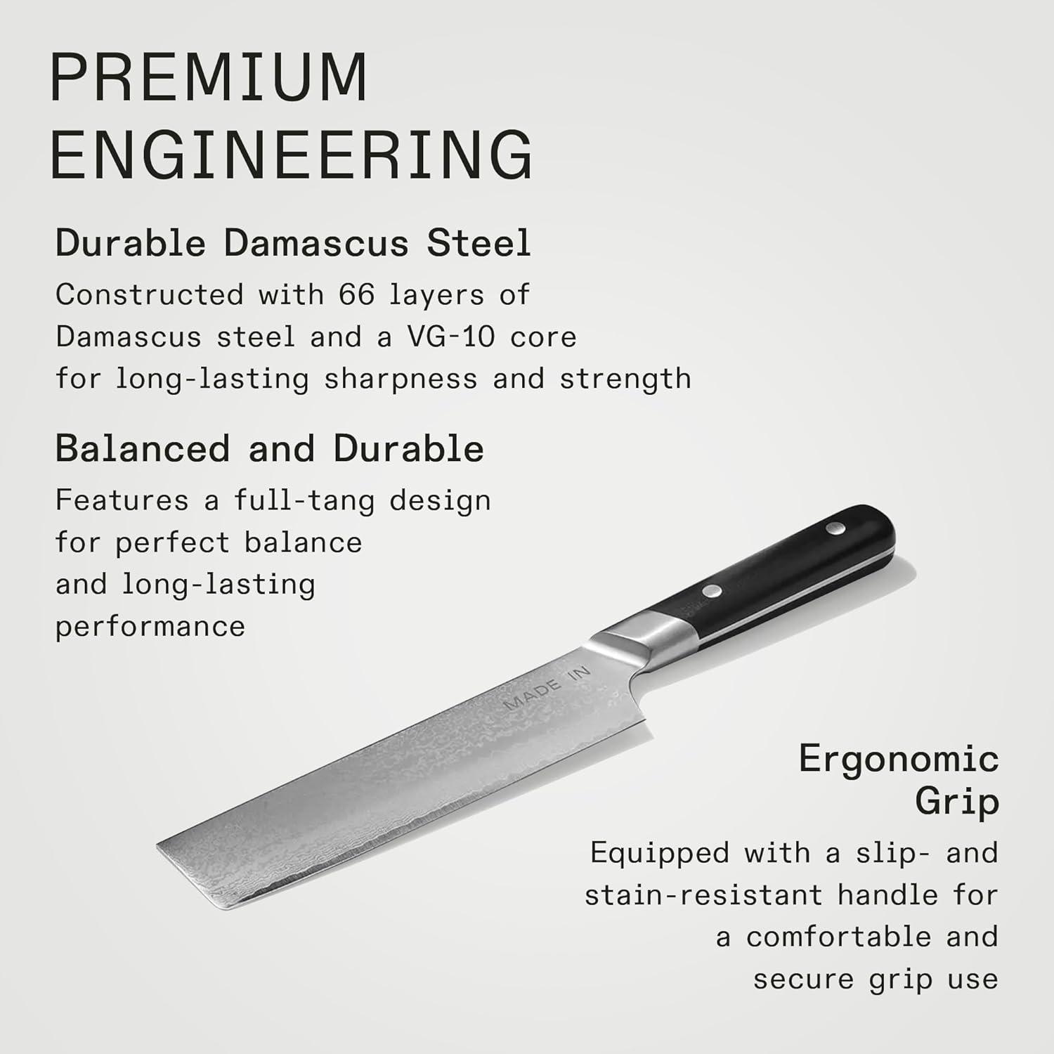 image:imageMade In Cookware 6 Japanese Damascus Steel Nakiri Knife 66 Layers of Damascus Steel with a VG10 Core Crafted in Japan Full Tang With Black POM Handle