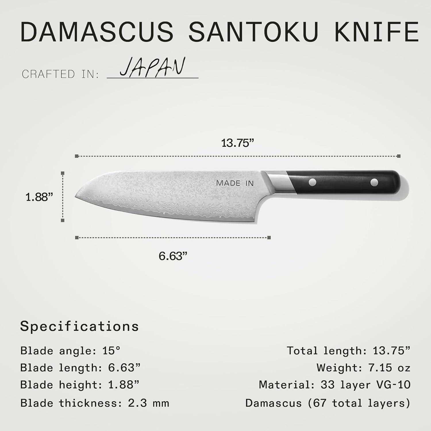 image:imageMade In Cookware 6 Japanese Damascus Steel Santoku Knife 66 Layers of Damascus Steel with a VG10 Core Crafted in Japan Full Tang With Black POM Handle
