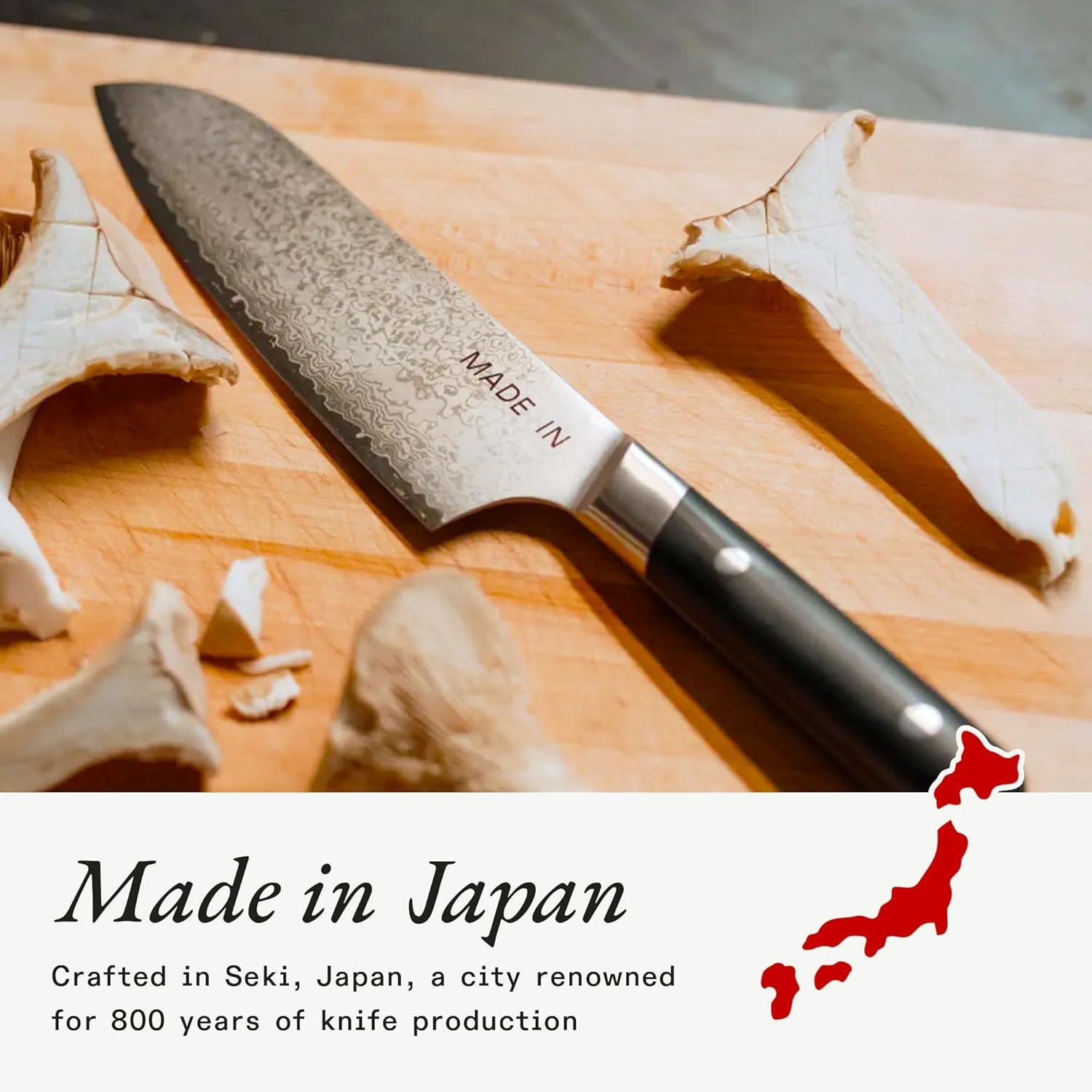 image:imageMade In Cookware 6 Japanese Damascus Steel Santoku Knife 66 Layers of Damascus Steel with a VG10 Core Crafted in Japan Full Tang With Black POM Handle