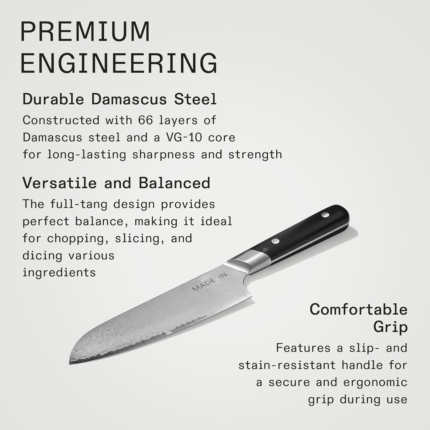 image:imageMade In Cookware 6 Japanese Damascus Steel Santoku Knife 66 Layers of Damascus Steel with a VG10 Core Crafted in Japan Full Tang With Black POM Handle