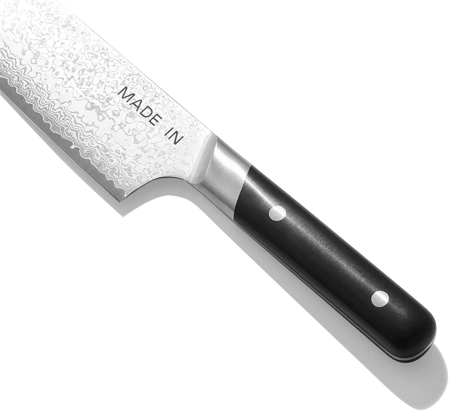image:imageMade In Cookware 6 Japanese Damascus Steel Santoku Knife 66 Layers of Damascus Steel with a VG10 Core Crafted in Japan Full Tang With Black POM Handle