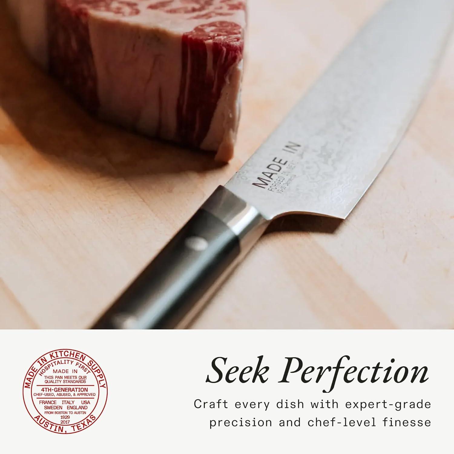 image:imageMade In Cookware 8 Japanese Damascus Steel Gyuto Chef Knife 66 Layers of Damascus Steel with a VG10 Core Crafted in Japan Full Tang With Black POM Handle