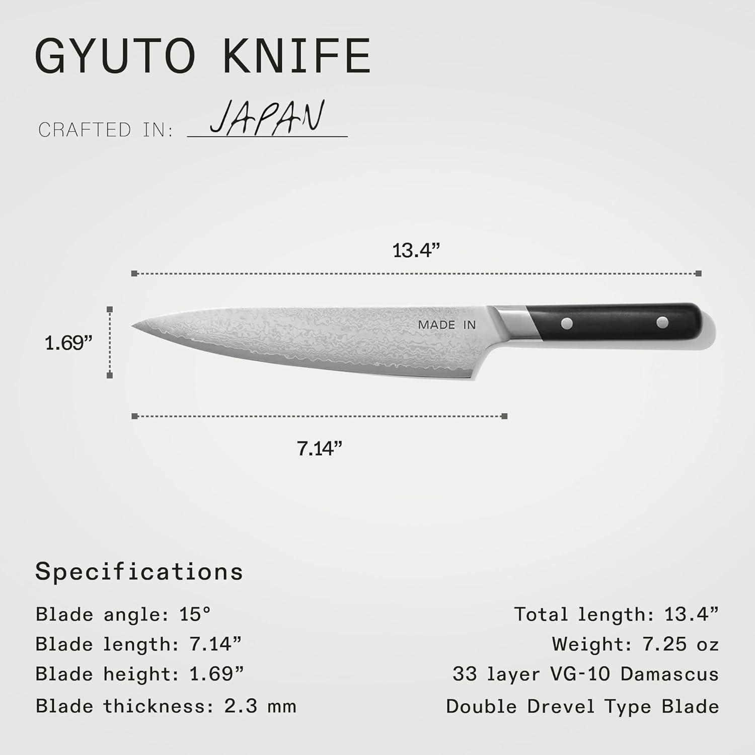 image:imageMade In Cookware 8 Japanese Damascus Steel Gyuto Chef Knife 66 Layers of Damascus Steel with a VG10 Core Crafted in Japan Full Tang With Black POM Handle