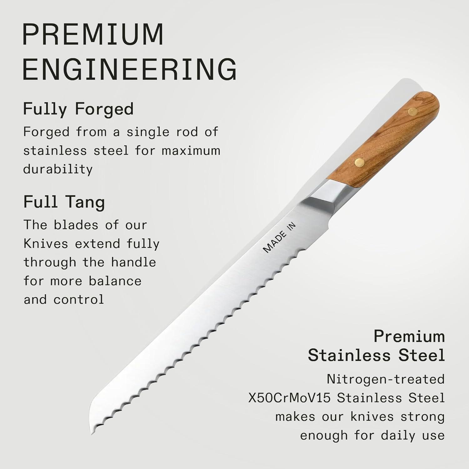 image:imageMade In Cookware 9 Inch Bread Knife France Full Tang With Pomme Red HandleOlive Wood Handle