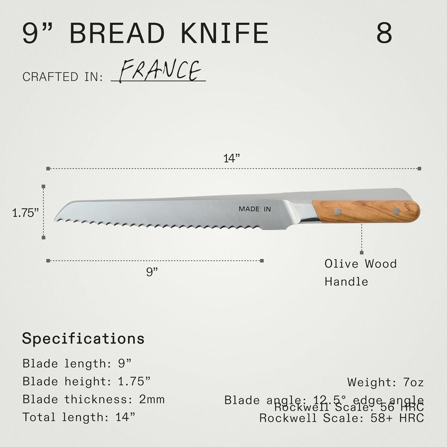 image:imageMade In Cookware 9 Inch Bread Knife France Full Tang With Pomme Red HandleOlive Wood Handle