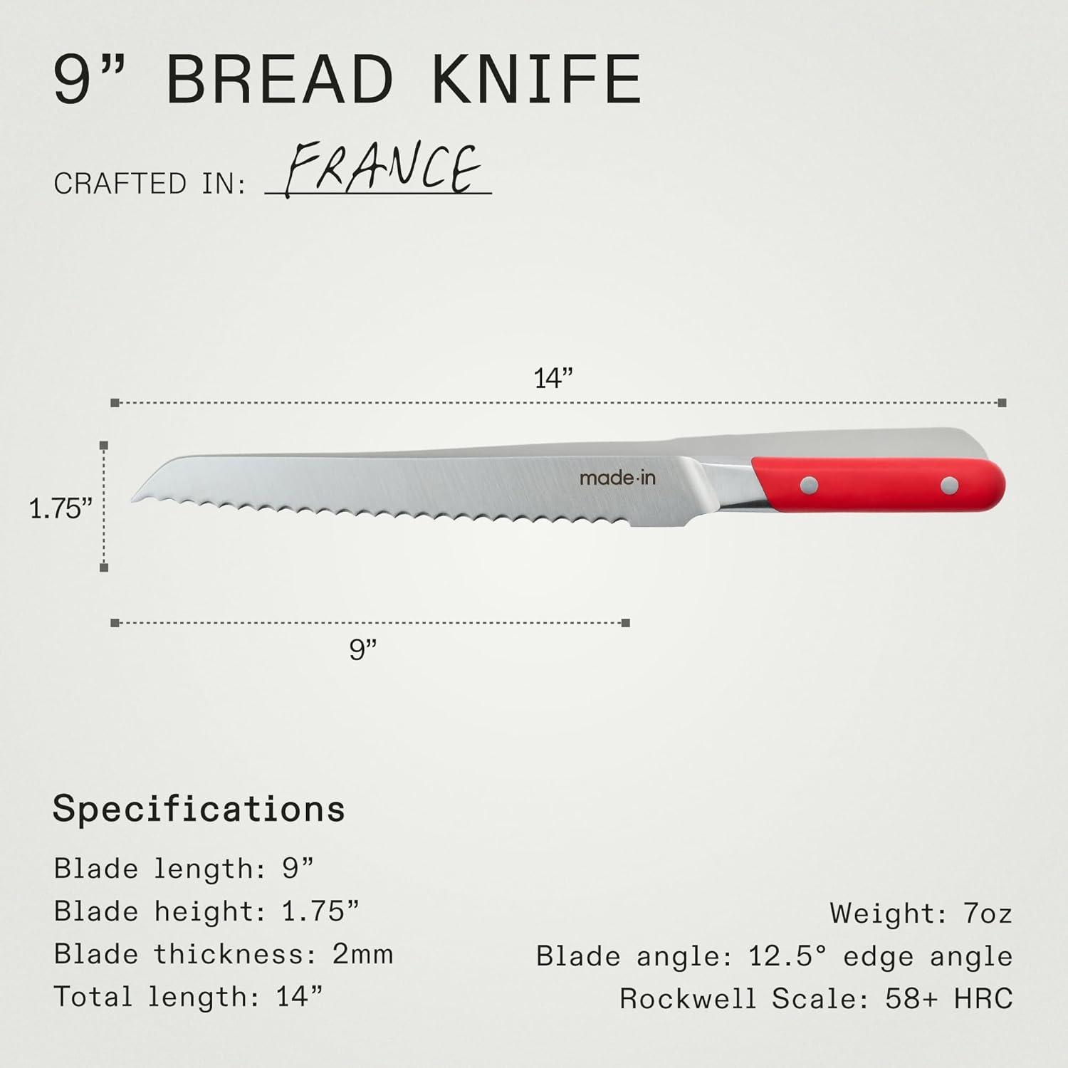 image:imageMade In Cookware 9 Inch Bread Knife France Full Tang With Pomme Red HandleRed Handle