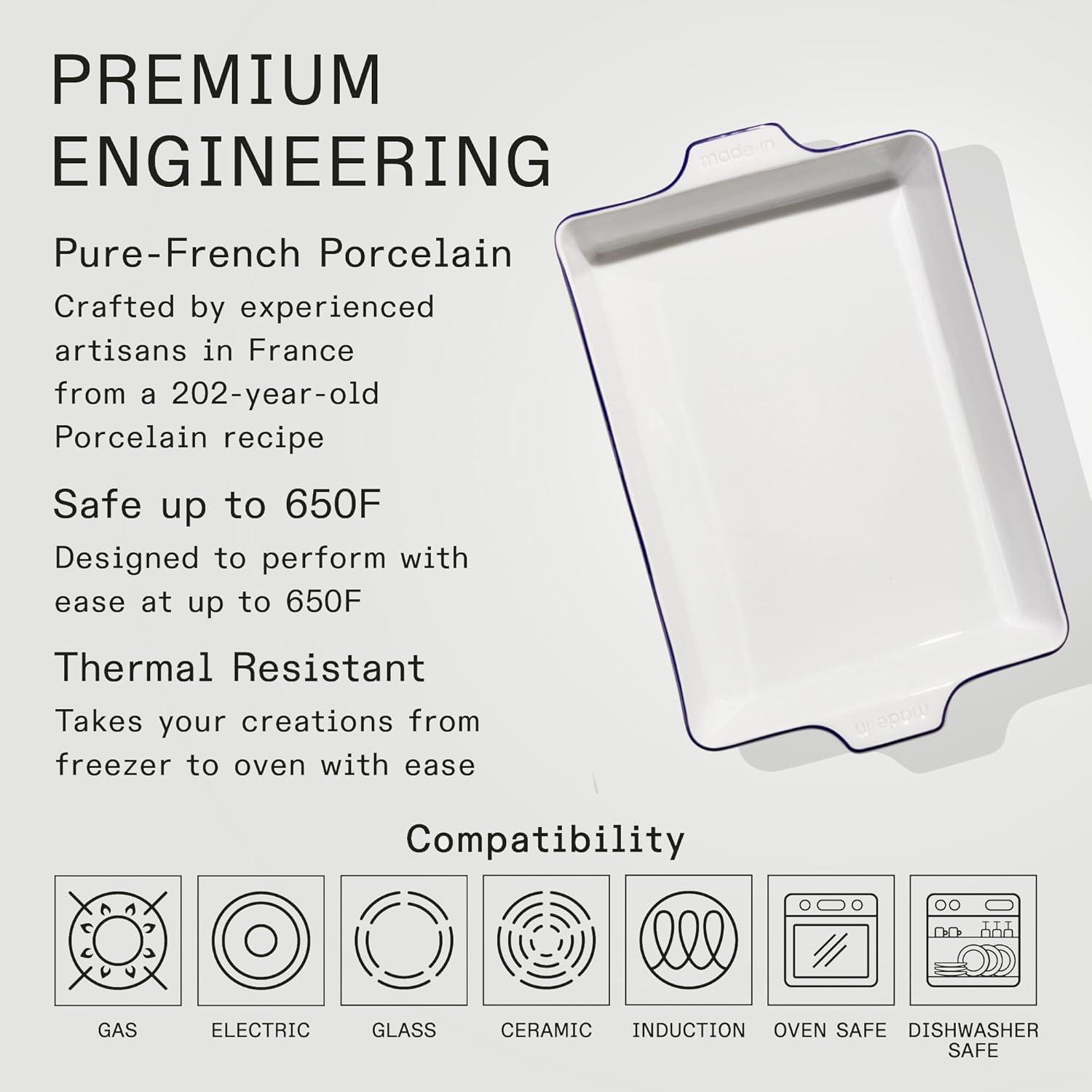 image:imageMade In Cookware Rectangular Baking Dish White Hand Crafted Porcelain Professional Bakeware Made in FrancePorcelain w Navy Rim