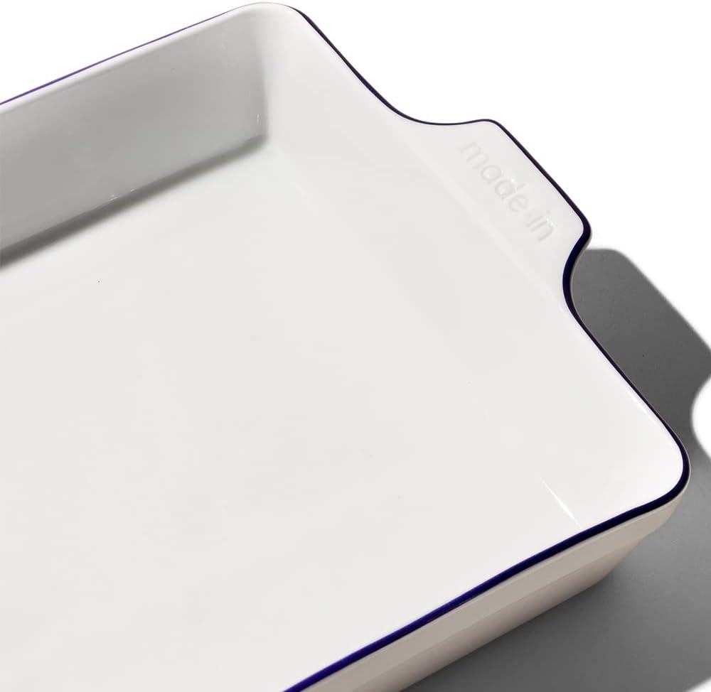 image:imageMade In Cookware Rectangular Baking Dish White Hand Crafted Porcelain Professional Bakeware Made in FrancePorcelain w Navy Rim