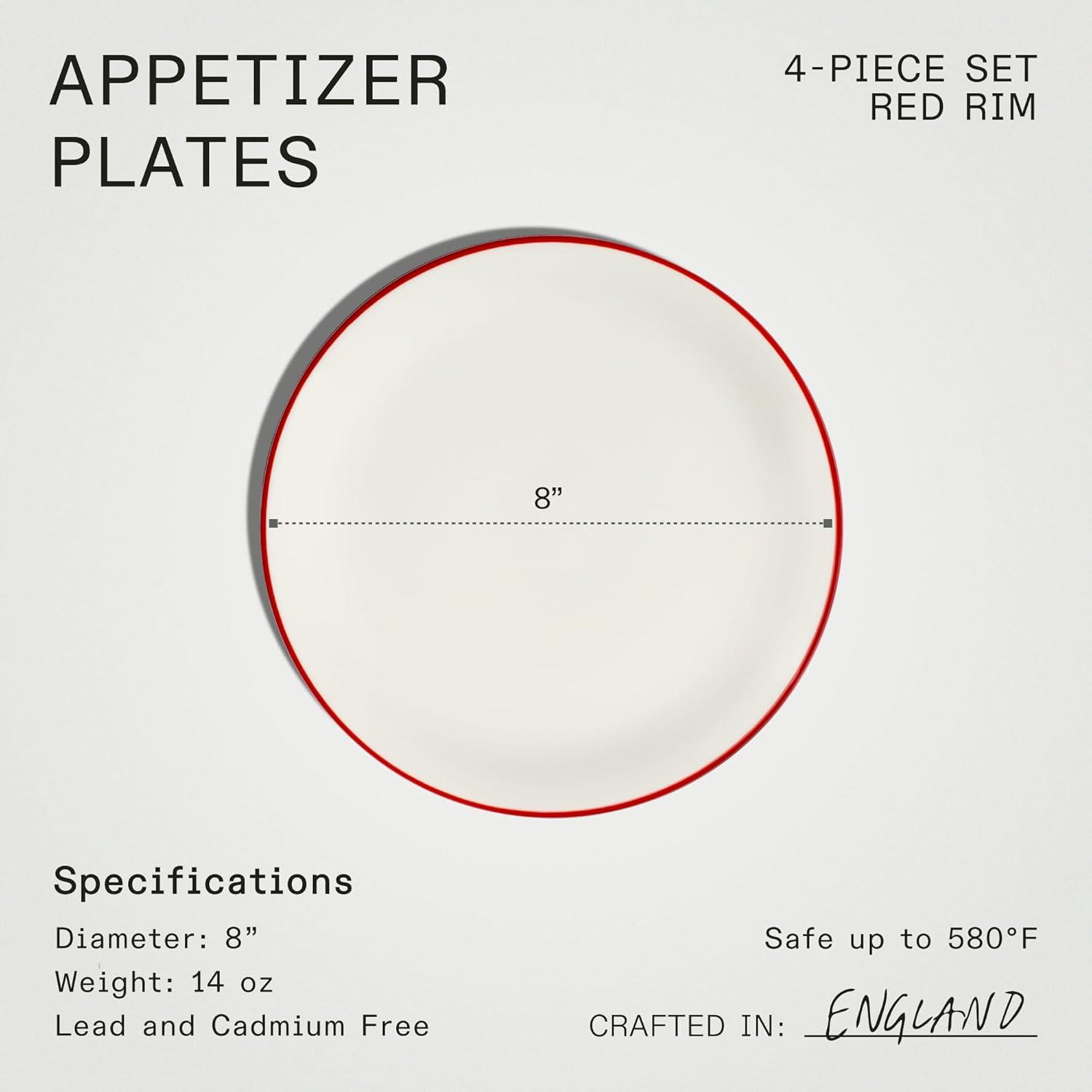 image:imageMade In Cookware Set of 4 Appetizer Plates White With Red Rim Porcelain EnglandWhite w Red Rim