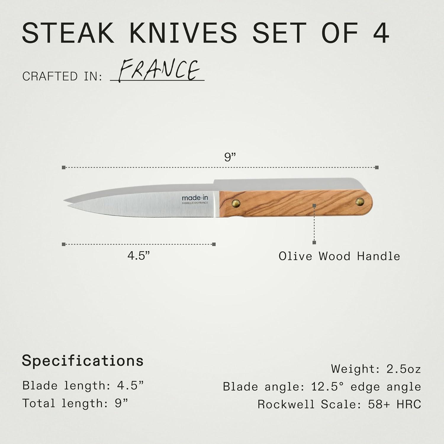 image:imageMade In Cookware Steak Knives Set of 4 Crafted in France Full Tang with Olive Wood Handle Wooden Storage BoxOlive Wood