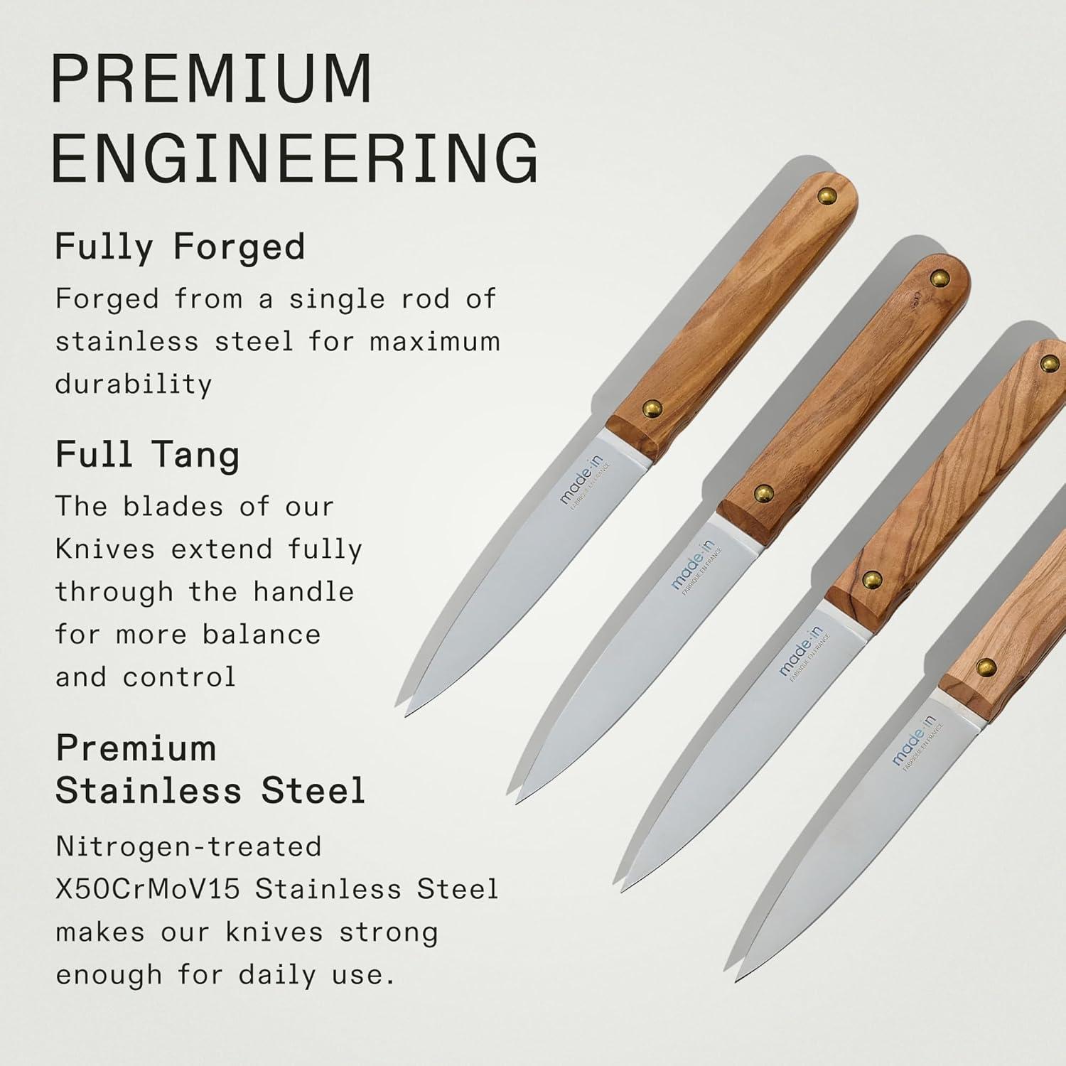 image:imageMade In Cookware Steak Knives Set of 4 Crafted in France Full Tang with Olive Wood Handle Wooden Storage BoxOlive Wood