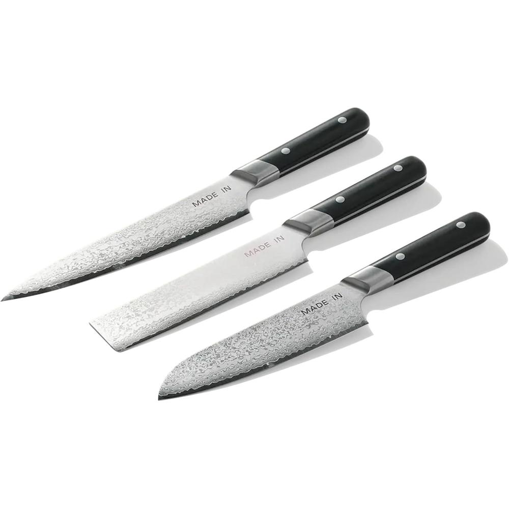 image:imageMade In Cookware 3piece Japanese Damascus Steel Knife Set Includes Gyuto Nakiri and Santoku 66 Layers of Damascus Steel with a VG10 Core Crafted in Japan Full Tang With Black POM Handle