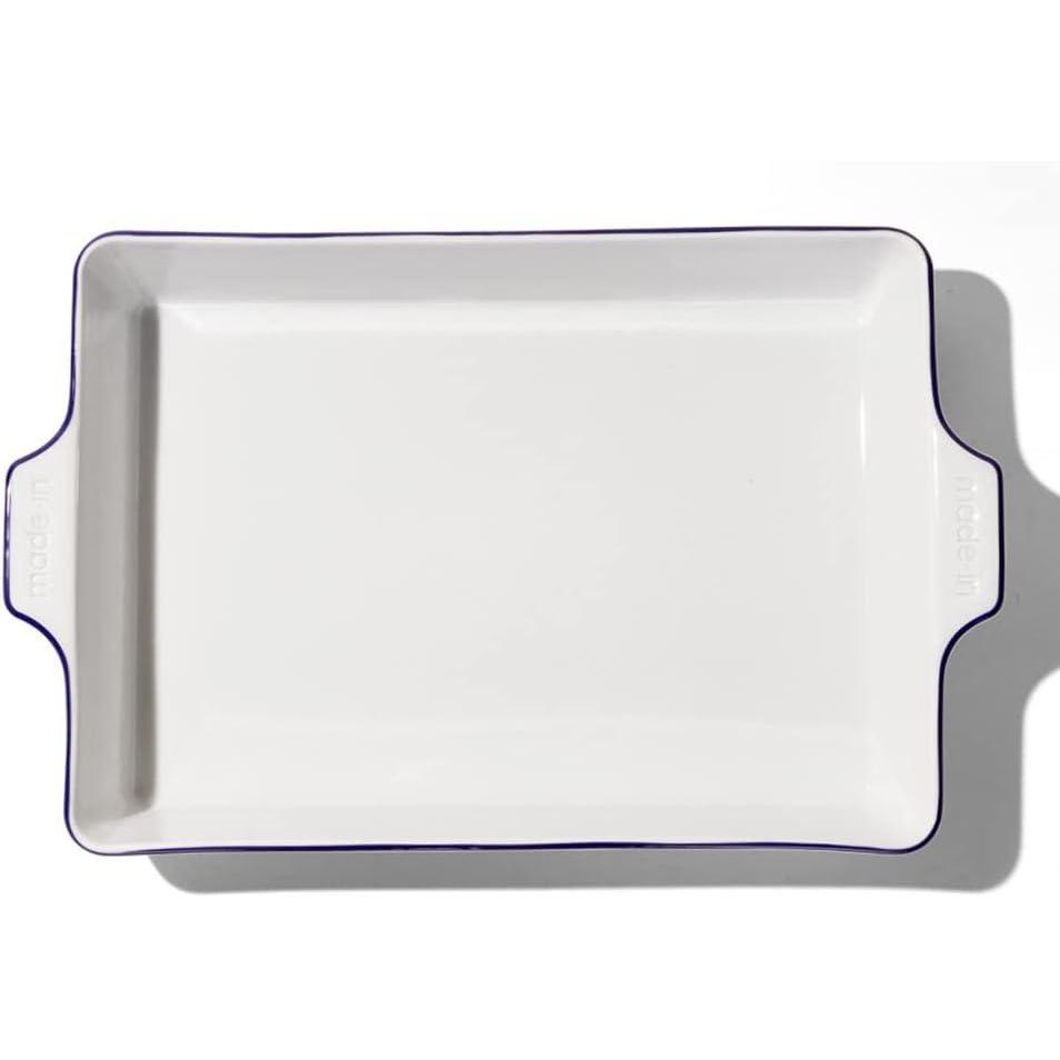 image:imageMade In Cookware Rectangular Baking Dish White Hand Crafted Porcelain Professional Bakeware Made in FrancePorcelain w Navy Rim