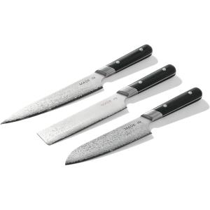 Made In Cookware – 3-piece Japanese Damascus Steel Knife Set (Includes Gyuto, Nakiri and Santoku) – 66 Layers of Damascus Steel with a VG-10 Core – Crafted in Japan – Full Tang With Black POM Handle
