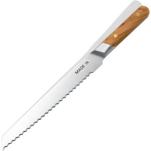 Made In Cookware – 9″ Inch Bread Knife France – Full Tang With Pomme Red Handle(Olive Wood Handle)
